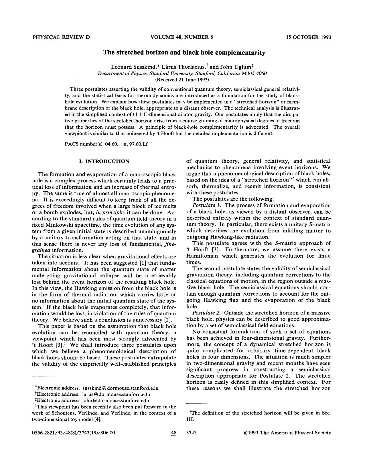 The stretched horizon and black hole complementarity (1993) by Unknown