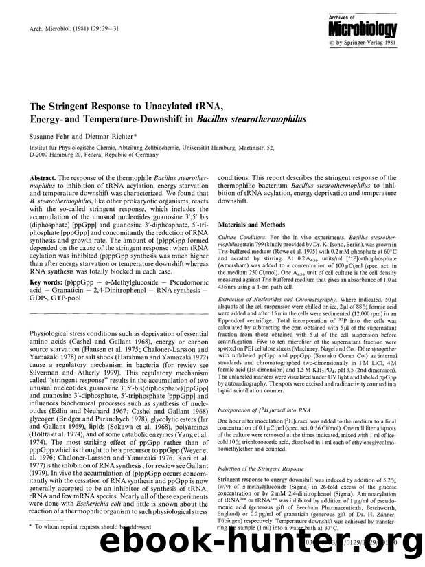 The stringent response to unacylated tRNA, energy- and temperature-downshift in  <Emphasis Type="Italic">Bacillus stearothermophilus <Emphasis> by Unknown