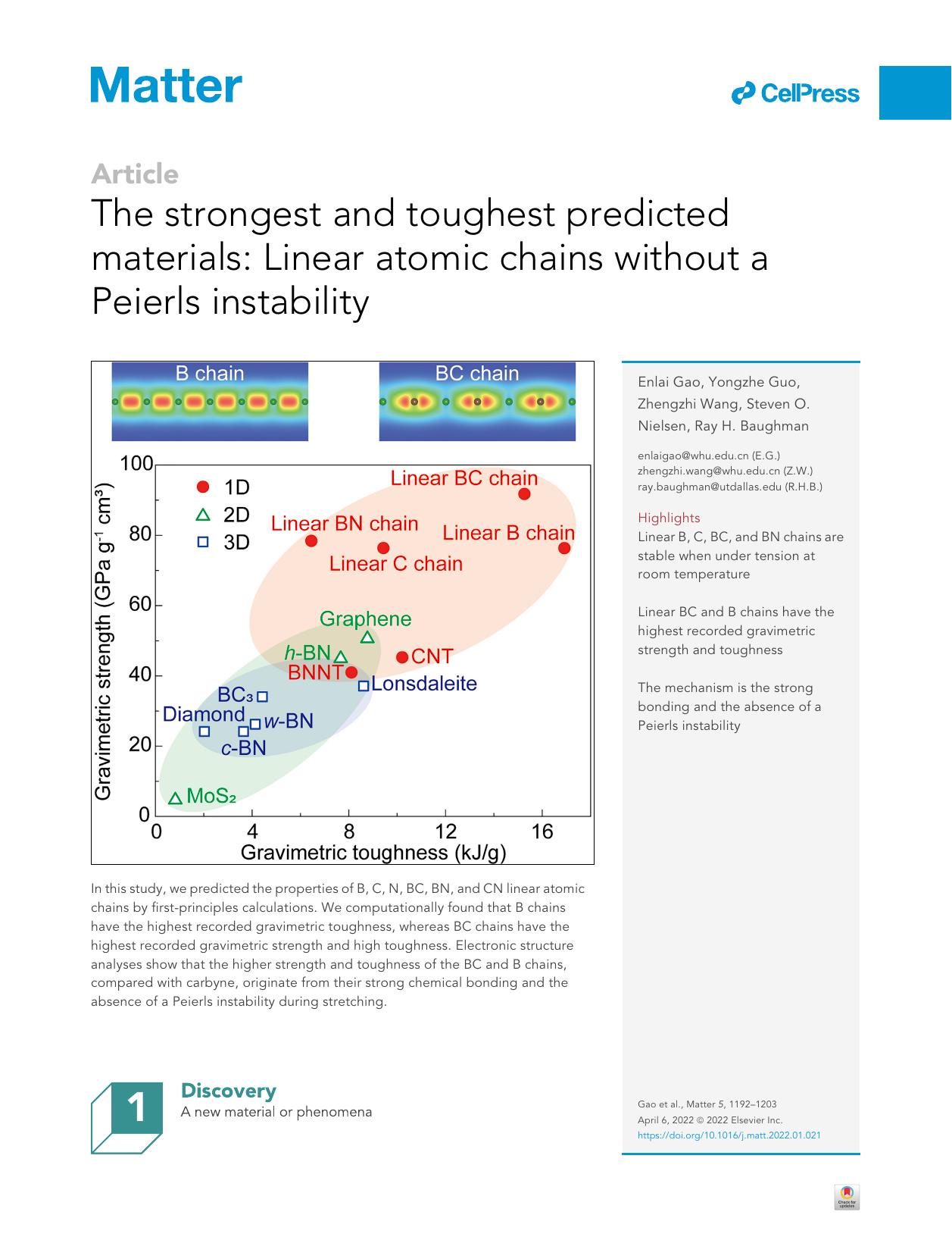 The strongest and toughest predicted materials: Linear atomic chains without a Peierls instability by Enlai Gao & Yongzhe Guo & Zhengzhi Wang & Steven O. Nielsen & Ray H. Baughman