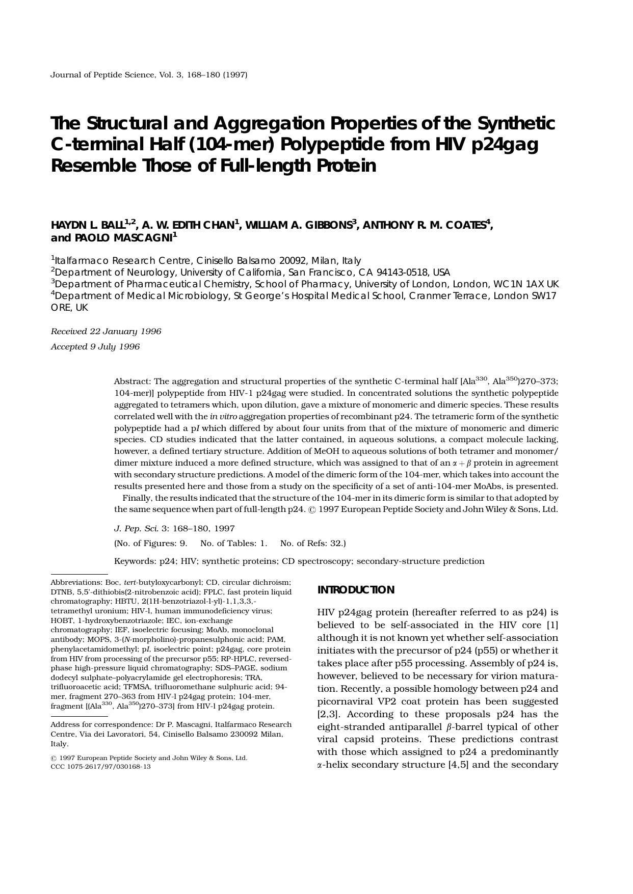 The structural and aggregation properties of the synthetic C-terminal half (104-mer) polypeptide from HIV p24gag resemble those of full-length protein by Unknown