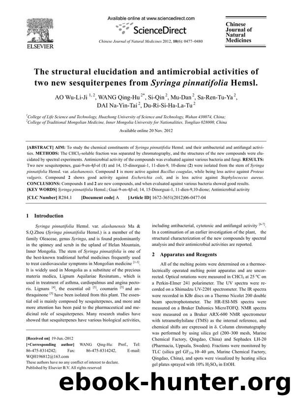 The structural elucidation and antimicrobial activities of two new sesquiterpenes from Syringa pinnatifolia Hemsl. by Wu-Li-Ji AO & Qing-Hu WANG & Si-Qin & Mu-Dan & Sa-Ren-Tu-Ya & Na-Yin-Tai DAI & Du-Ri-Si-Ha-La-Tu