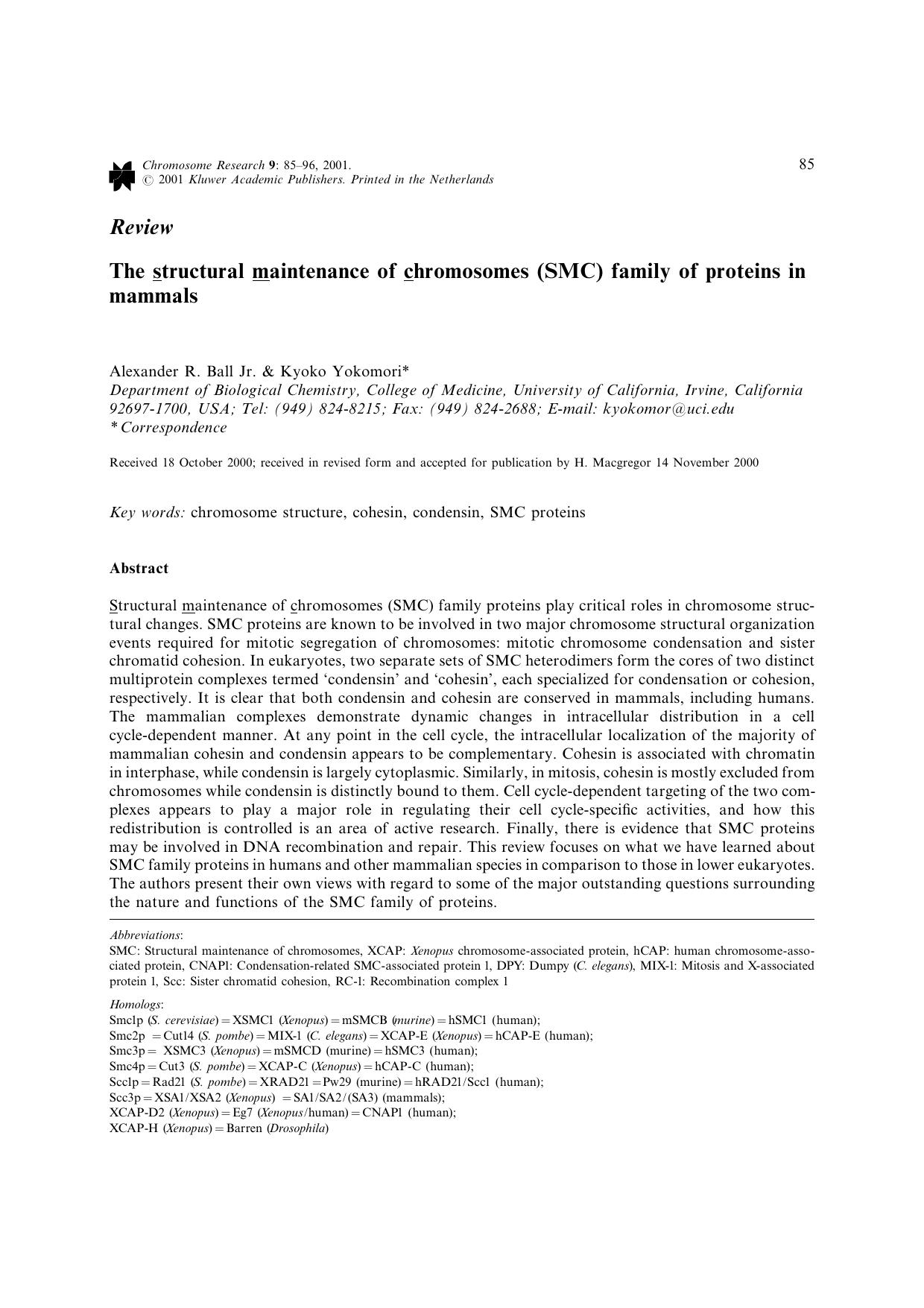 The structural maintenance of chromosomes (SMC) family of proteins in mammals by Unknown