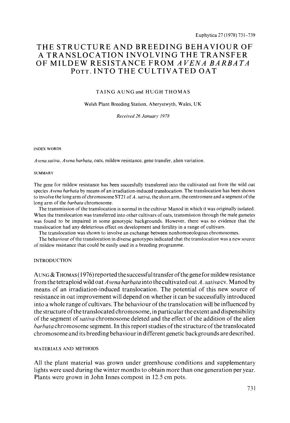 The structure and breeding behaviour of a translocation involving the transfer of mildew resistance from <Emphasis Type="Italic">Avena barbata <Emphasis> <Emphasis Type="SmallCap by Unknown