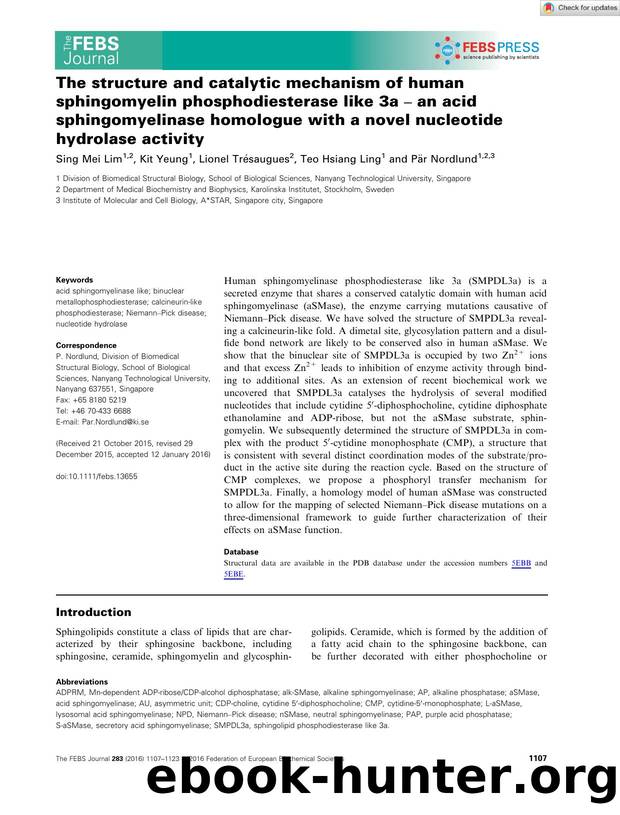 The structure and catalytic mechanism of human sphingomyelin phosphodiesterase like 3a â an acid sphingomyelinase homologue with a novel nucleotide hydrolase activity by Unknown