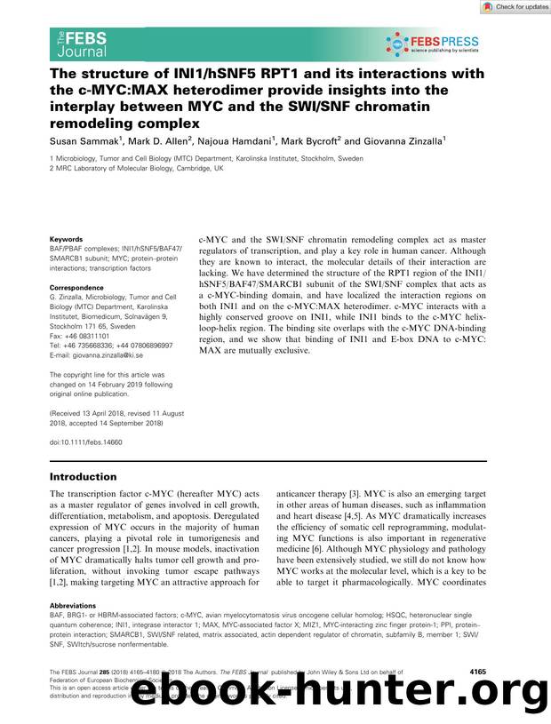 The structure of INI1hSNF5 RPT1 and its interactions with the câMYC:MAX heterodimer provide insights into the interplay between MYC and the SWISNF chromatin remodeling complex by Unknown