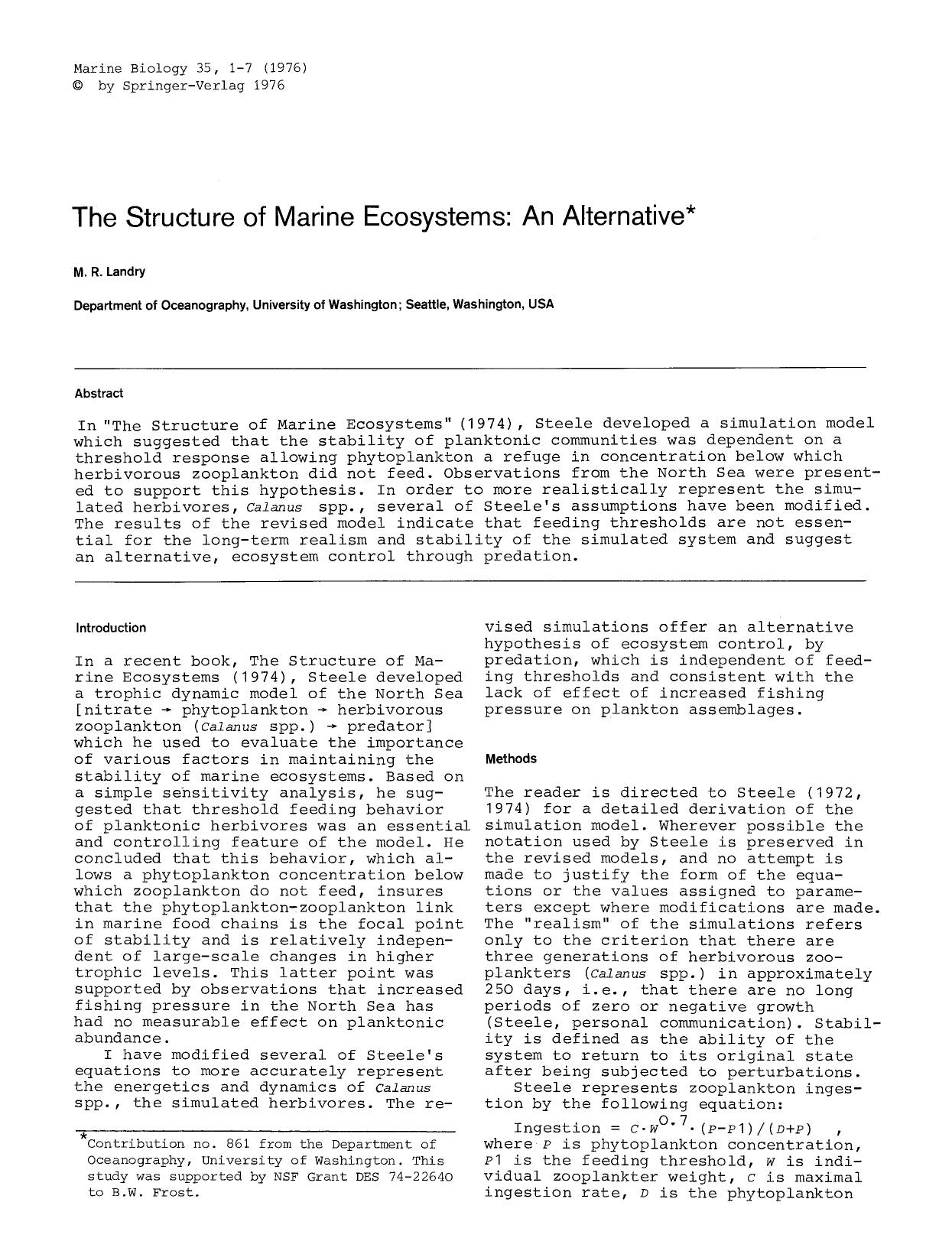 The structure of Marine Ecosystems: An alternative by Unknown