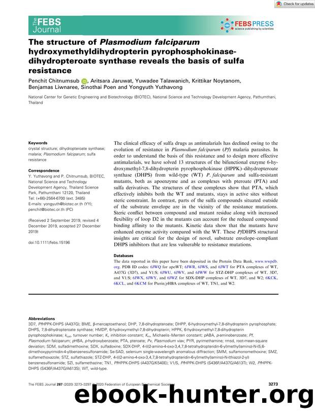 The structure of PlasmodiumÂ falciparum hydroxymethyldihydropterin pyrophosphokinaseâdihydropteroate synthase reveals the basis of sulfa resistance by Unknown