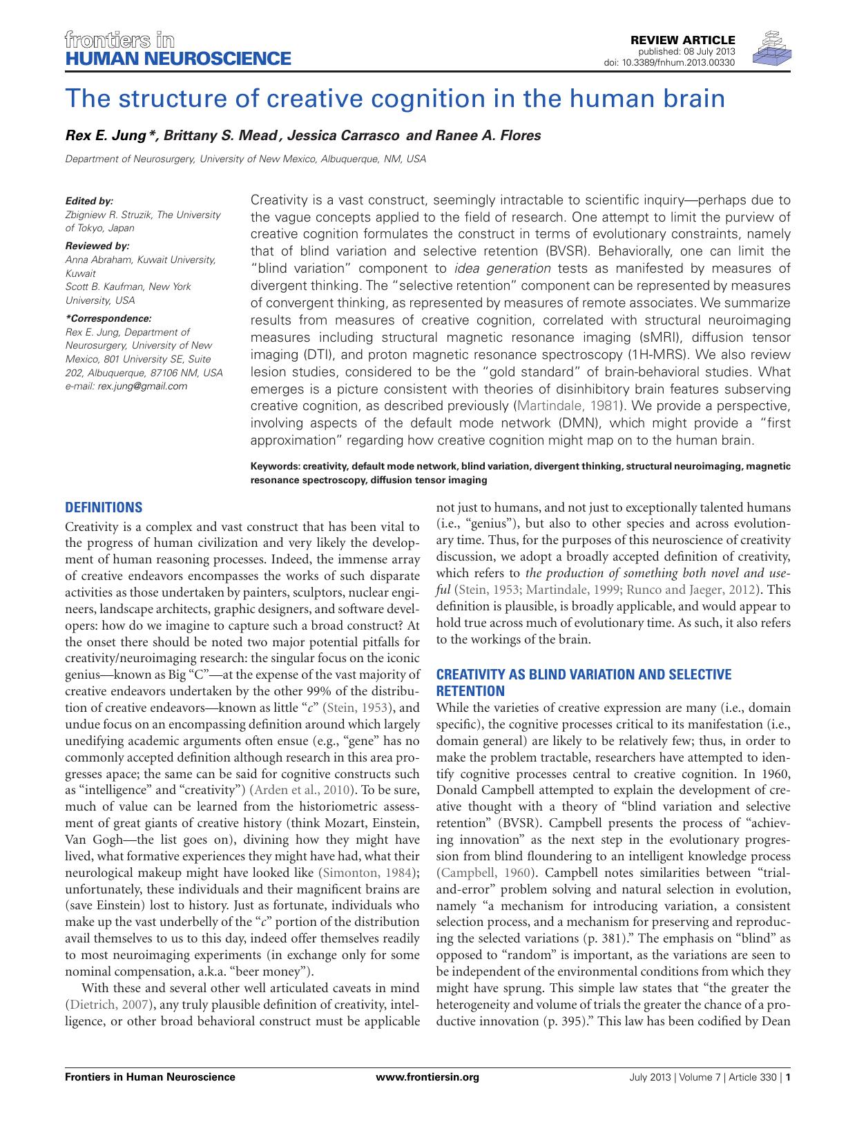 The structure of creative cognition in the human brain by Rex E. Jung