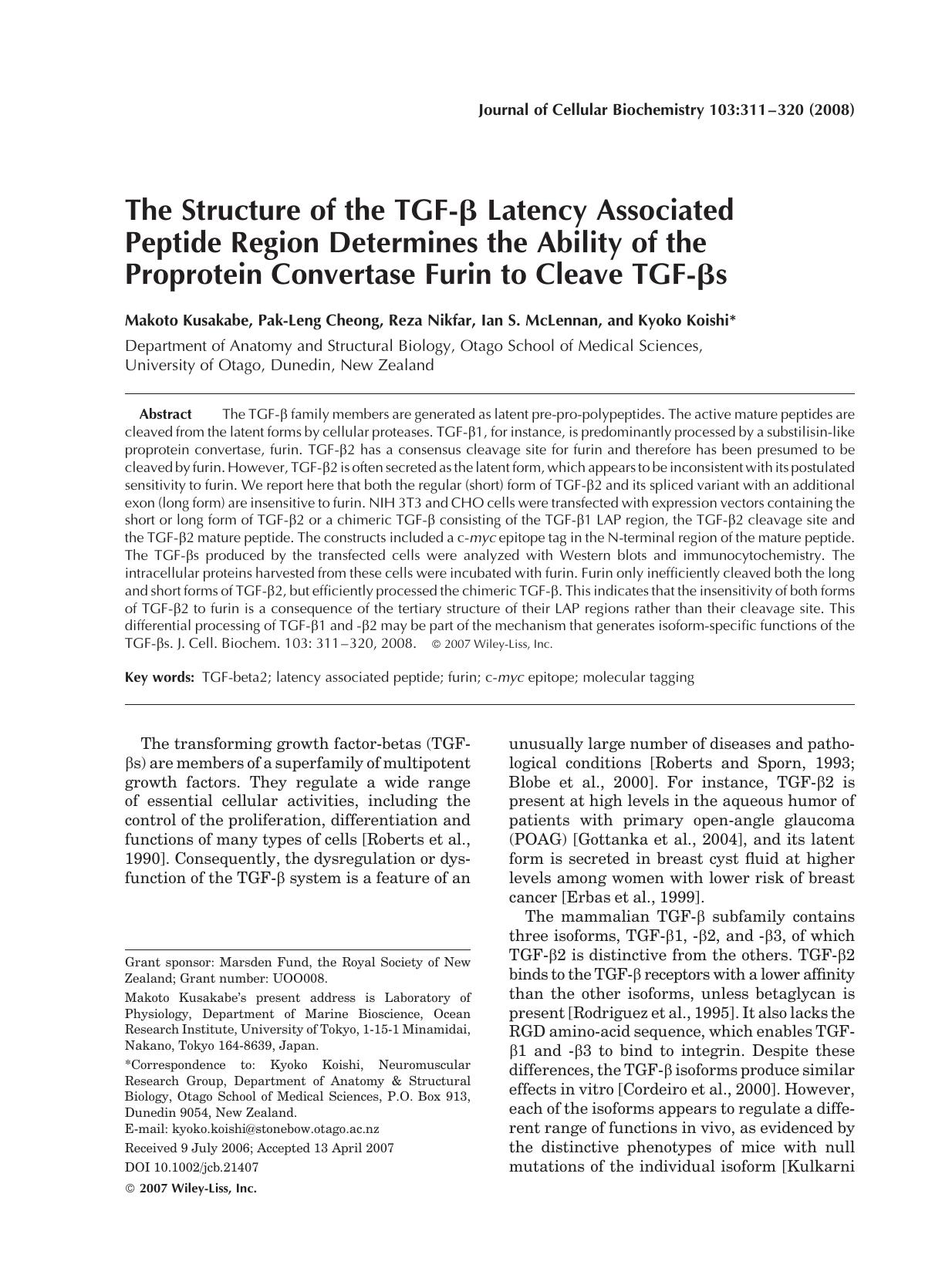 The structure of the TGF-[beta] latency associated peptide region determines the ability of the proprotein convertase furin to cleave TGF-[beta]s by Unknown