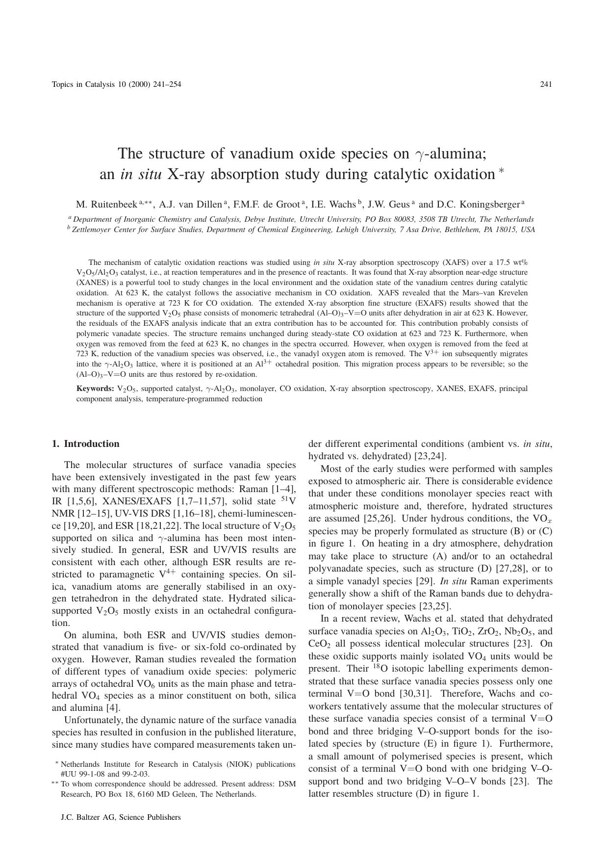 The structure of vanadium oxide species on γ-alumina; an in situ X-ray absorption study during catalytic oxidation by Unknown