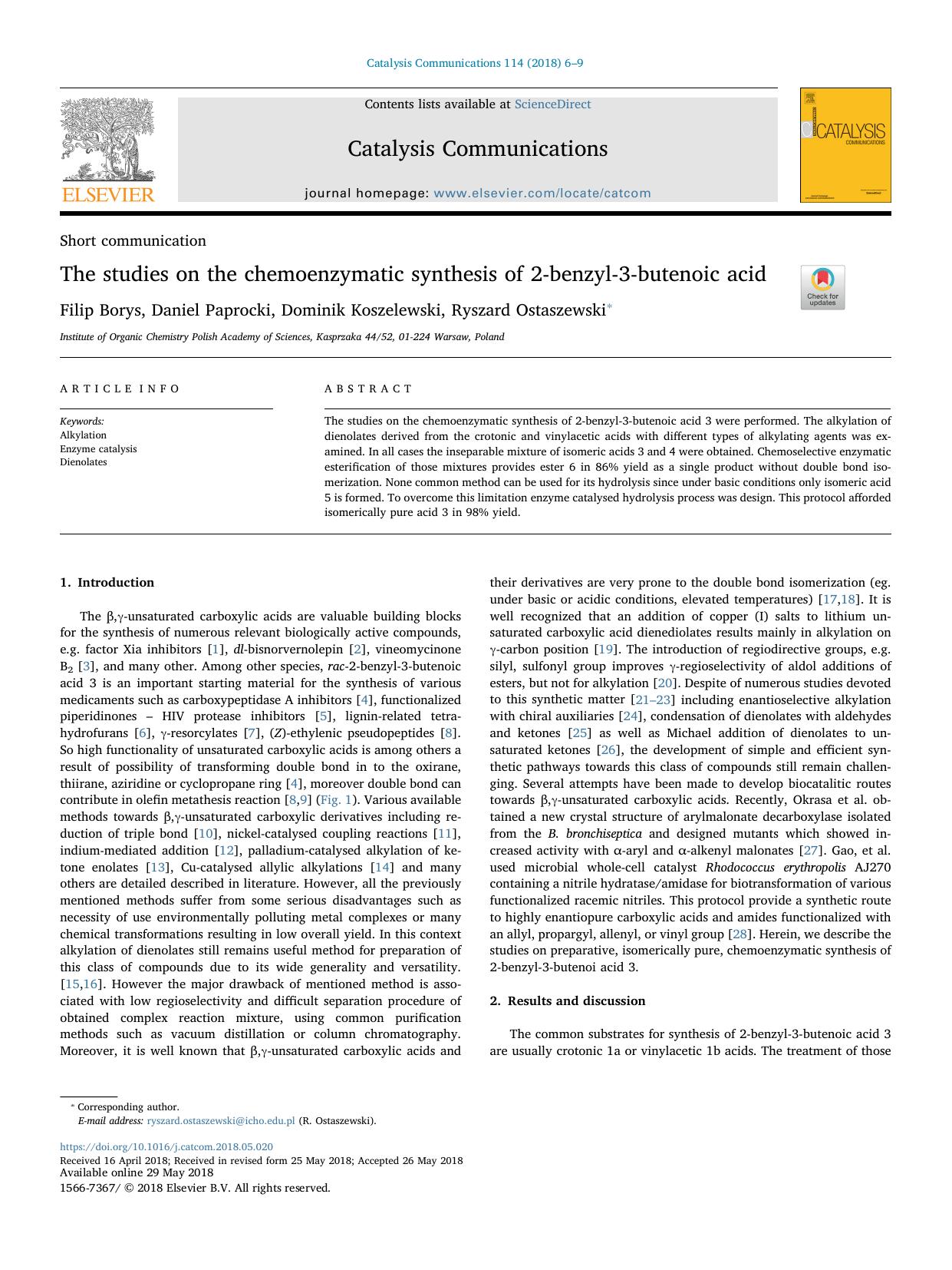 The studies on the chemoenzymatic synthesis of 2-benzyl-3-butenoic acid by Filip Borys & Daniel Paprocki & Dominik Koszelewski & Ryszard Ostaszewski