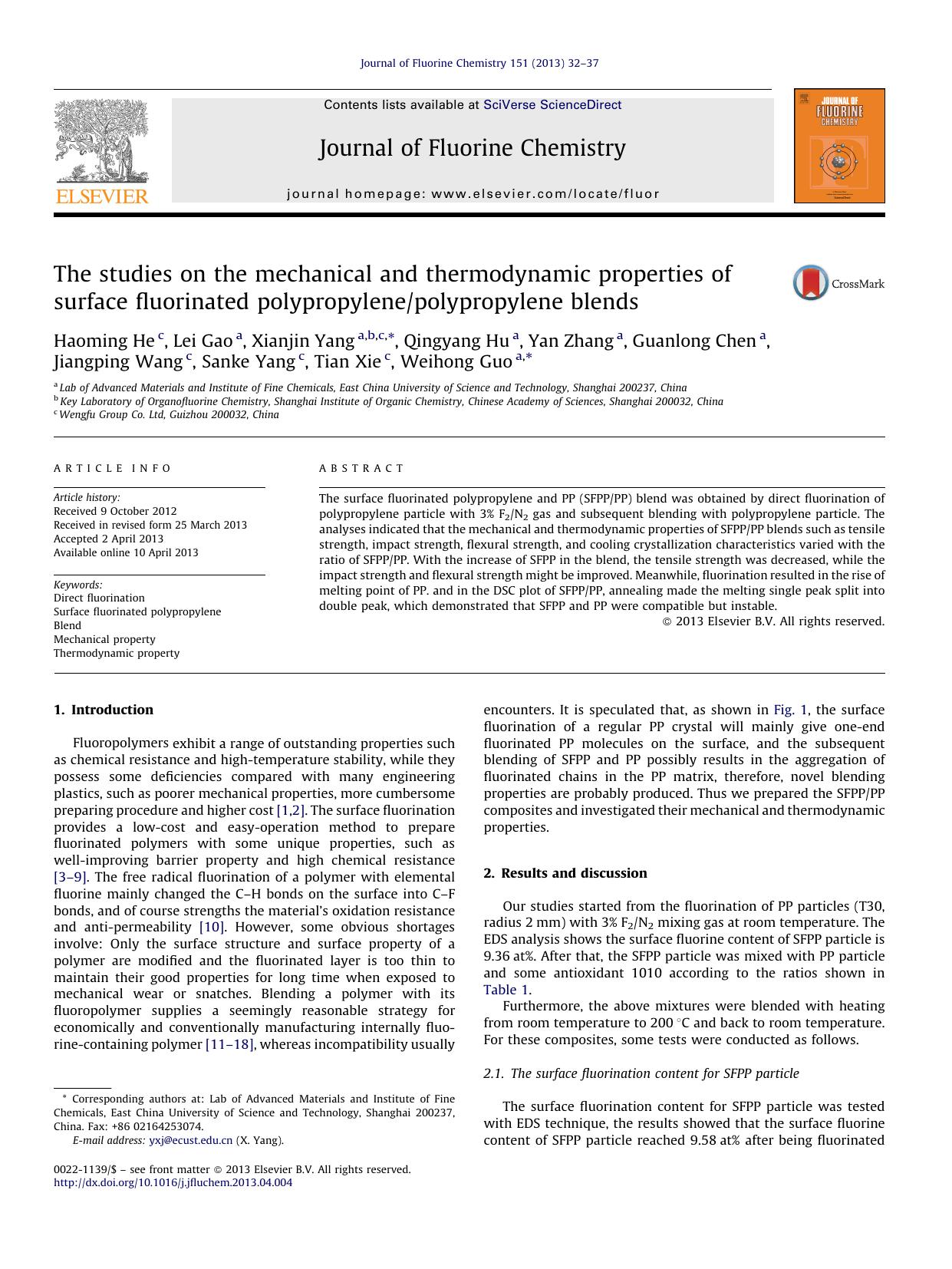 The studies on the mechanical and thermodynamic properties of surface fluorinated polypropylenepolypropylene blends by Haoming He