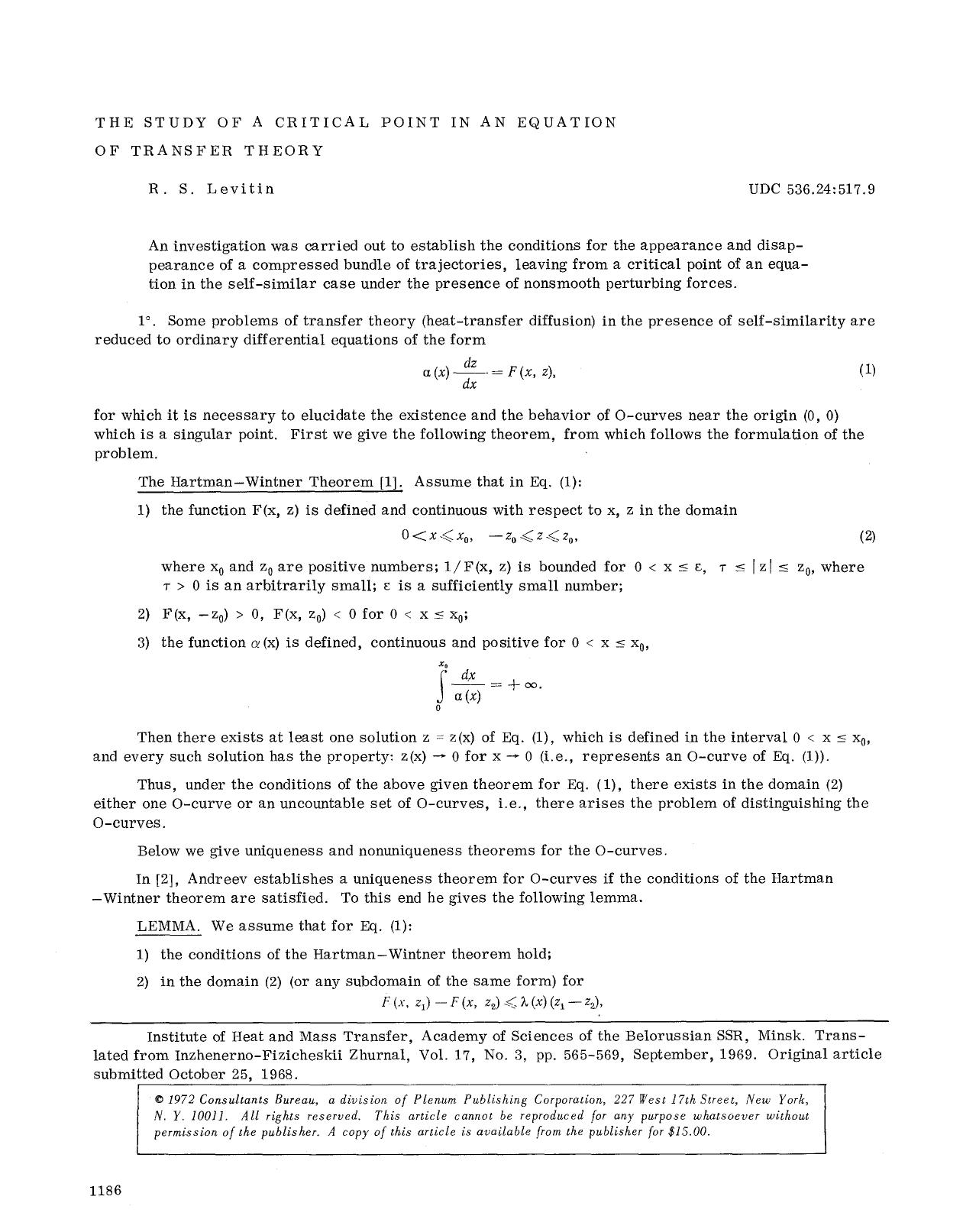 The study of a critical point in an equation of transfer theory by Unknown