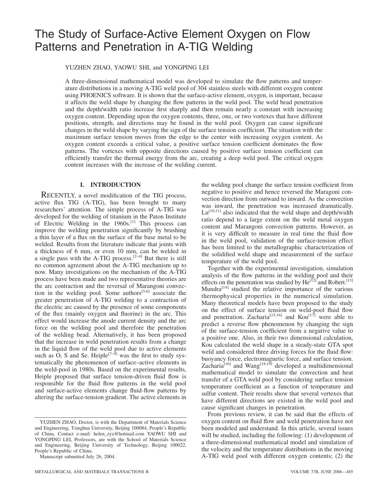 The study of surface-active element oxygen on flow patterns and penetration in A-TIG welding by Unknown