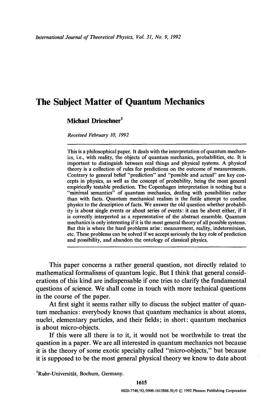 The subject matter of quantum mechanics by Unknown