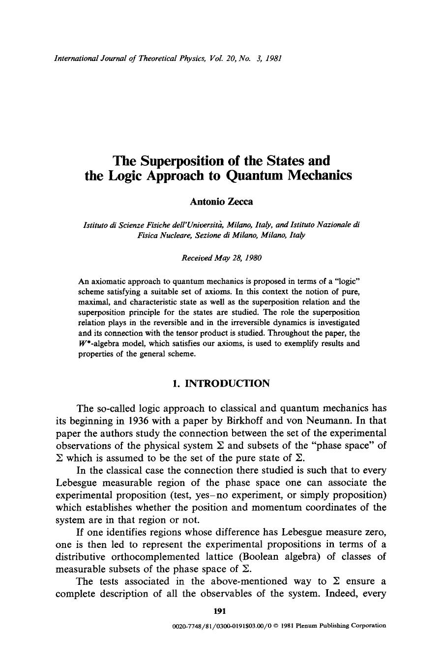 The superposition of the states and the logic approach to quantum mechanics by Unknown