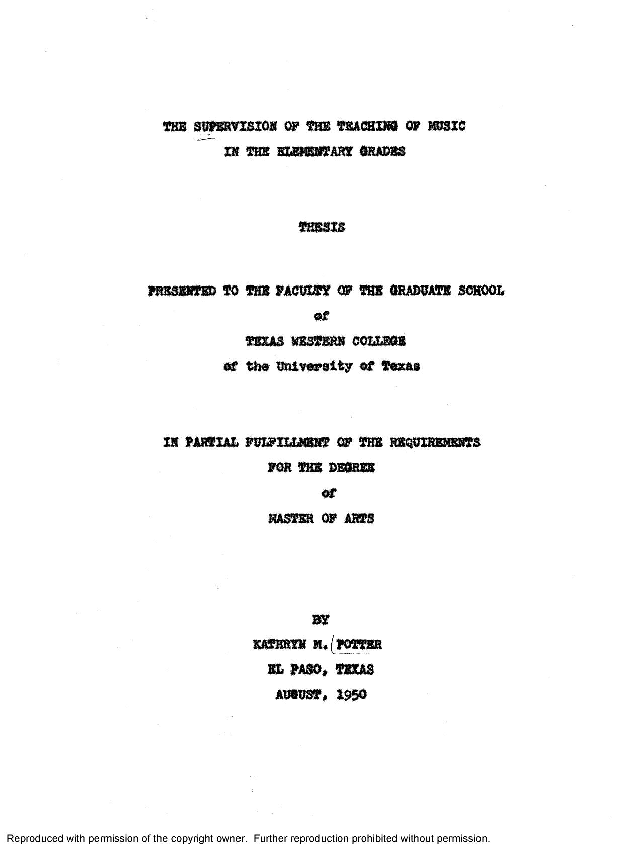The supervision of the teaching of music in the elementary grades by Potter Kathryn M