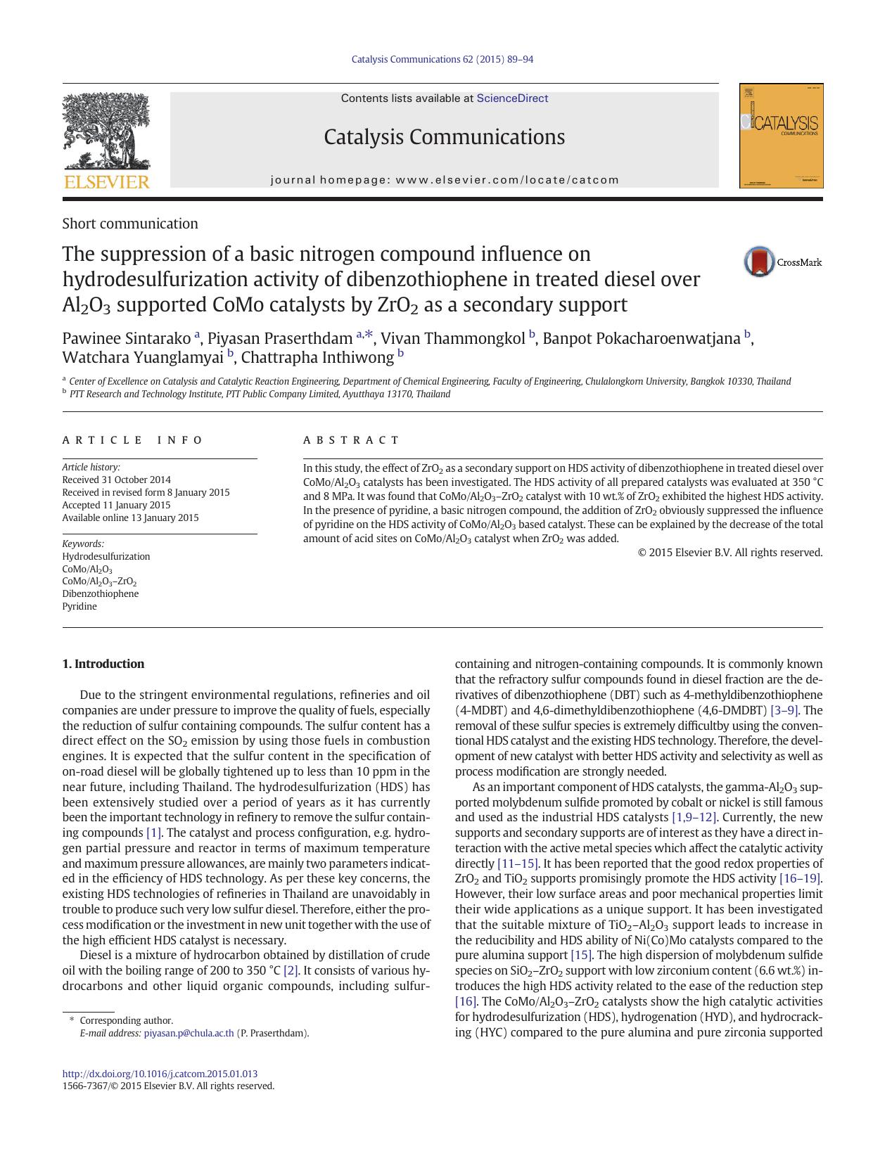 The suppression of a basic nitrogen compound influence on hydrodesulfurization activity of dibenzothiophene in treated diesel over Al2O3 supported CoMo catalysts by ZrO2 as a secondary support by unknow