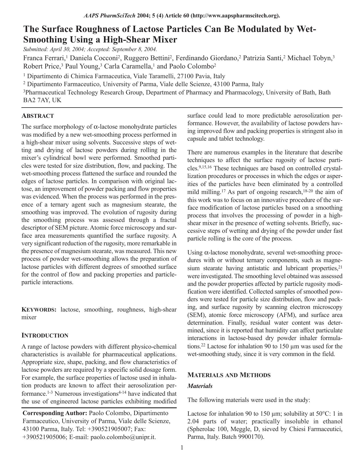 The surface roughness of lactose particles can be modulated by wet-smoothing using a high-shear mixer by Unknown