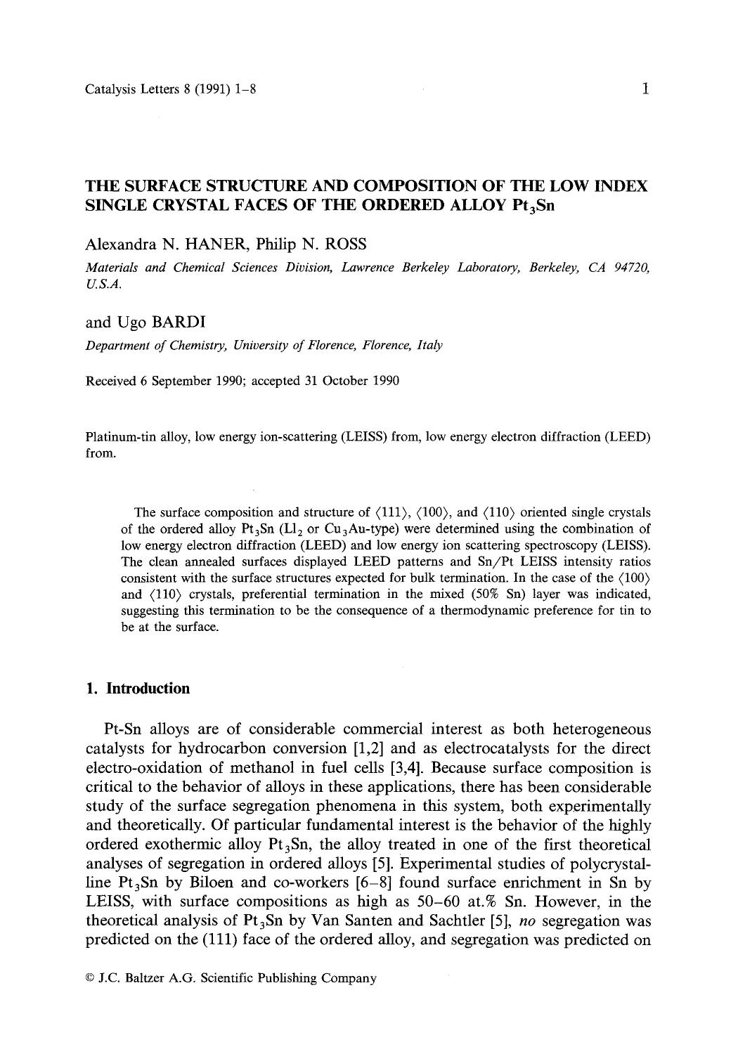 The surface structure and composition of the low index single crystal faces of the ordered alloy Pt <Subscript>3 <Subscript>Sn by Unknown