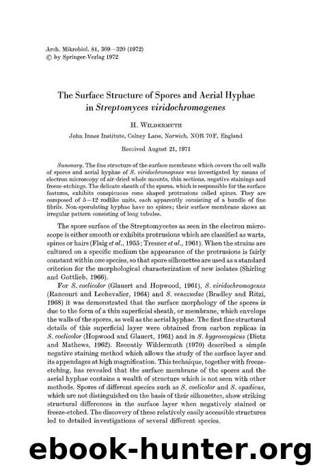 The surface structure of spores and aerial hyphae in <Emphasis Type="Italic">Streptomyces viridochromogenes<Emphasis> by Unknown