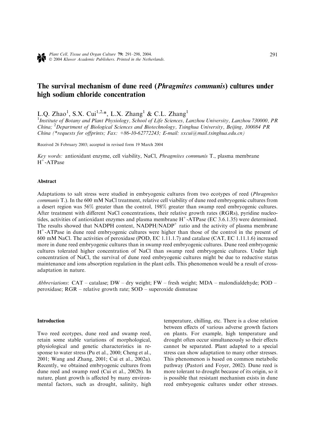 The survival mechanism of dune reed (<Emphasis Type="Italic">Phragmites communis<Emphasis>) cultures under high sodium chloride concentration by Unknown