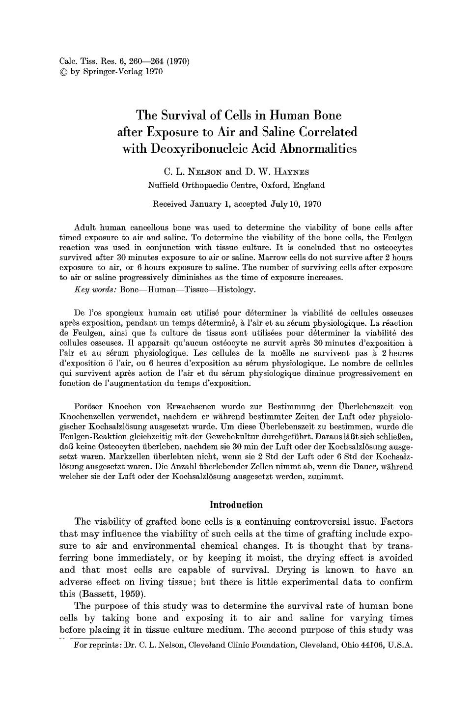 The survival of cells in human bone after exposure to air and saline correlated with deoxyribonucleic acid abnormalities by Unknown