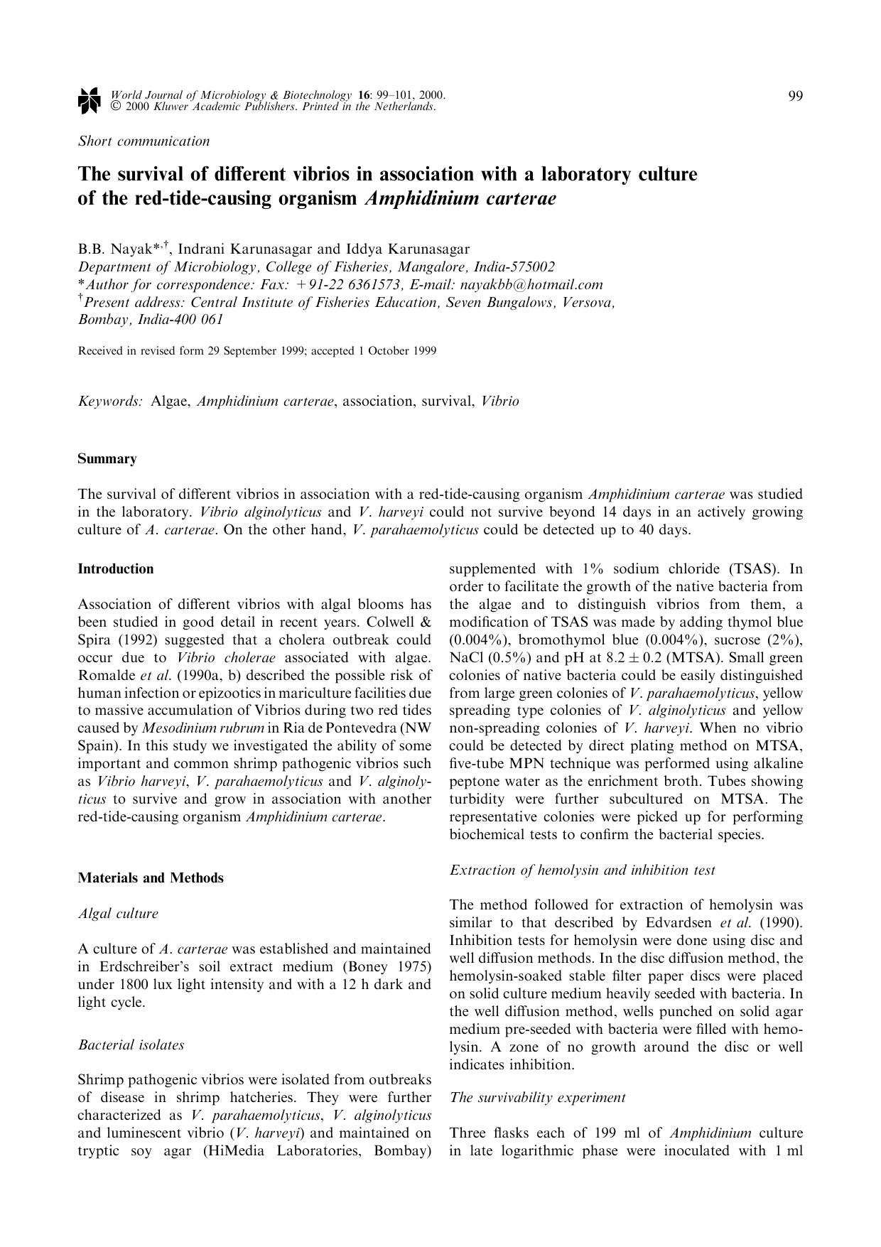 The survival of different vibrios in association with a laboratory culture of the red-tide-causing organism Amphidinium carterae by Unknown