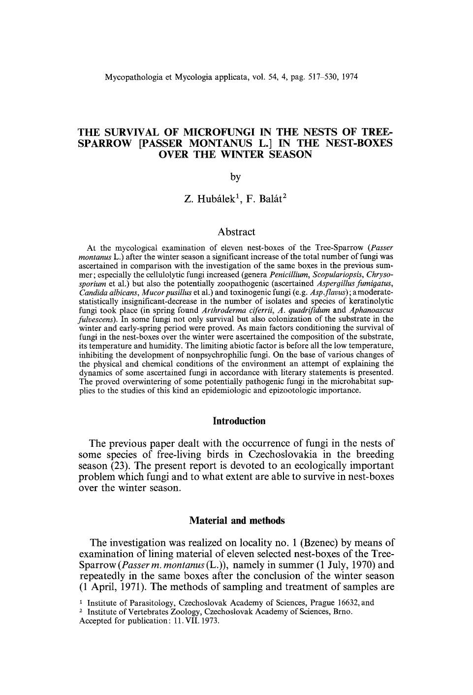 The survival of microfungi in the nests of Tree-Sparrow [Passer montanus L.] in the nest-boxes over the winter season by Unknown