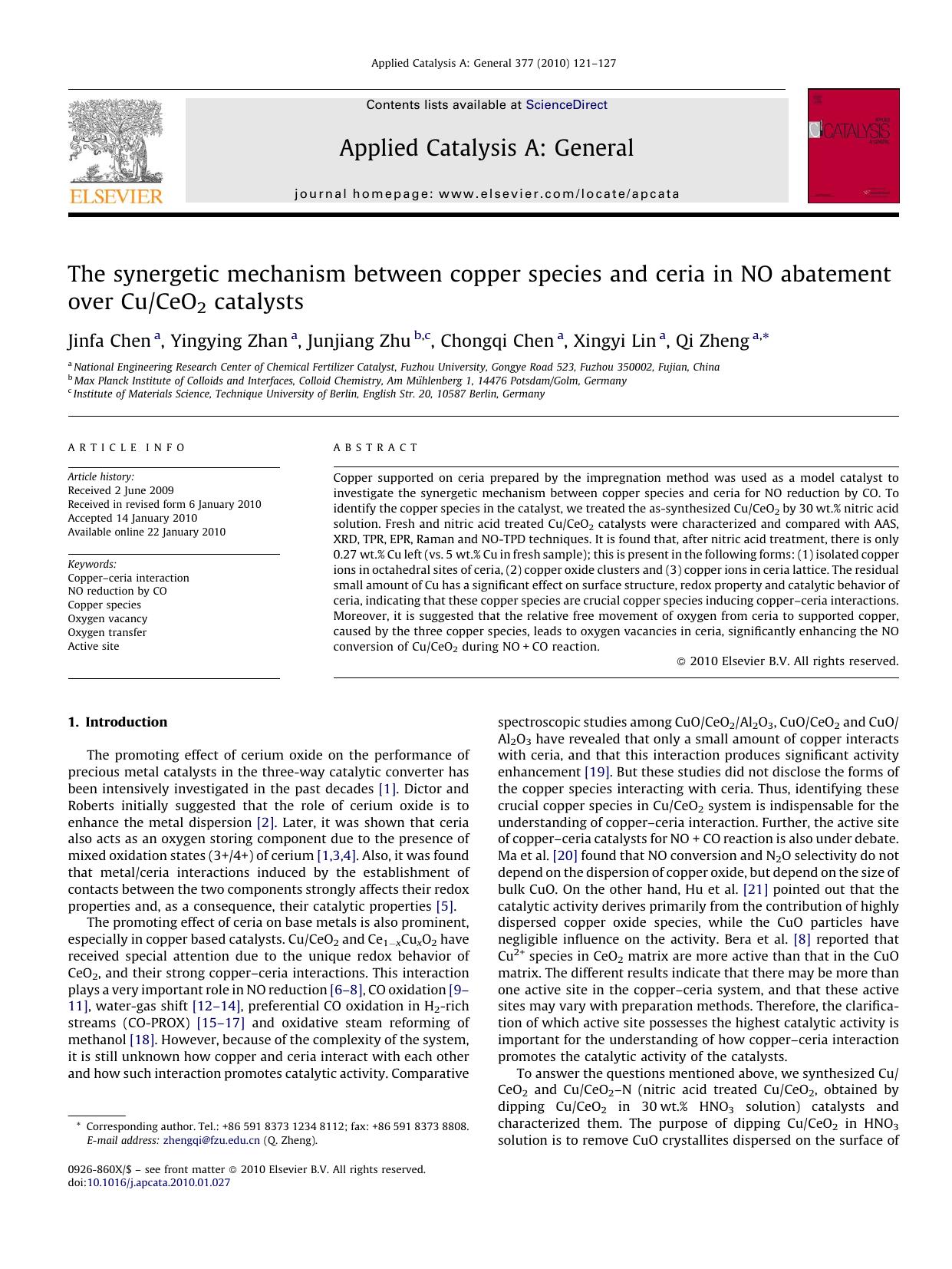 The synergetic mechanism between copper species and ceria in NO abatement over CuCeO2 catalysts by Jinfa Chen; Yingying Zhan; Junjiang Zhu; Chongqi Chen; Xingyi Lin; Qi Zheng