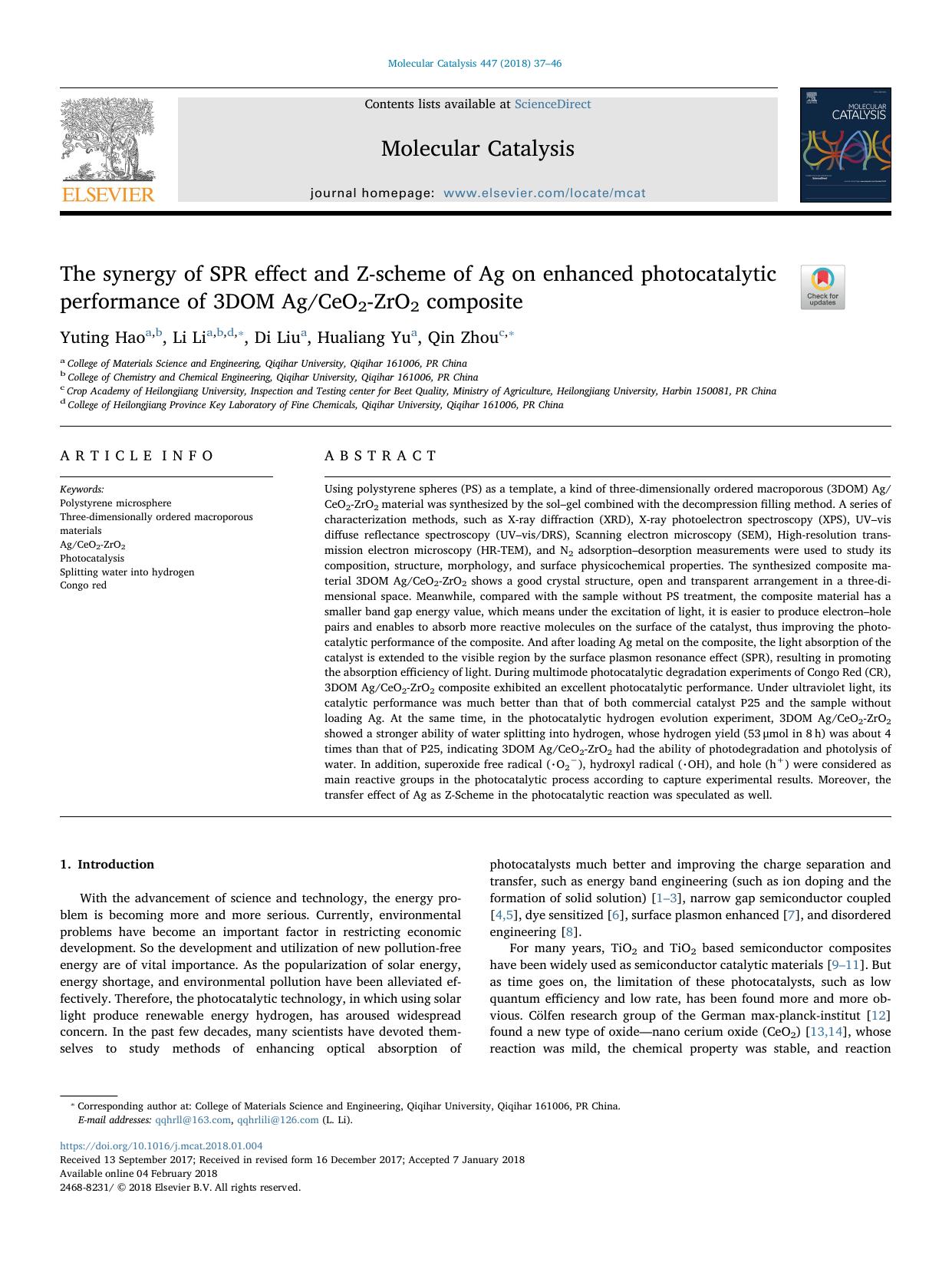 The synergy of SPR effect and Z-scheme of Ag on enhanced photocatalytic performance of 3DOM AgCeO2-ZrO2 composite by Yuting Hao & Li Li & Di Liu & Hualiang Yu & Qin Zhou