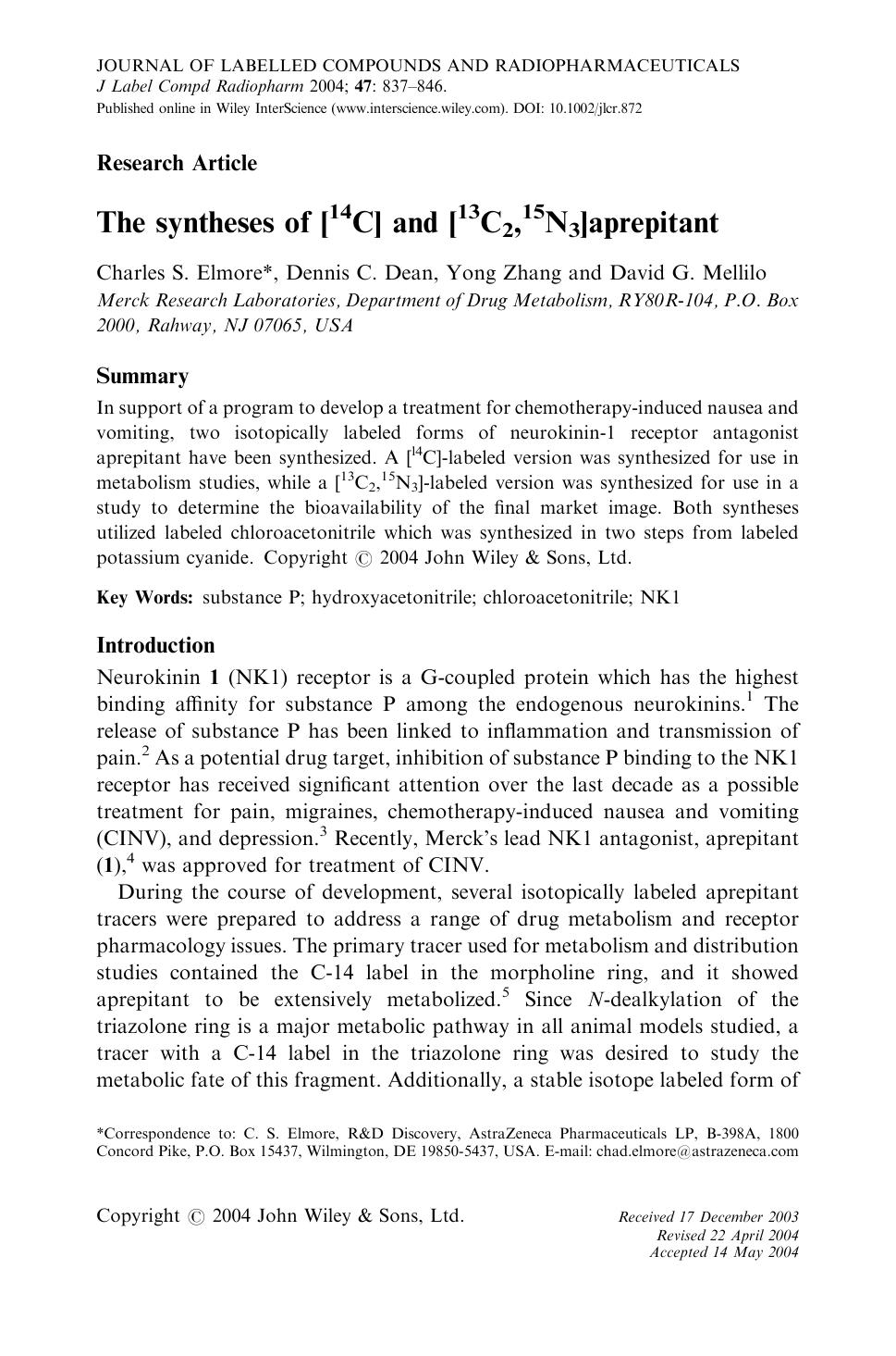The syntheses of [14C] and [13C2,15N3]aprepitant by Unknown
