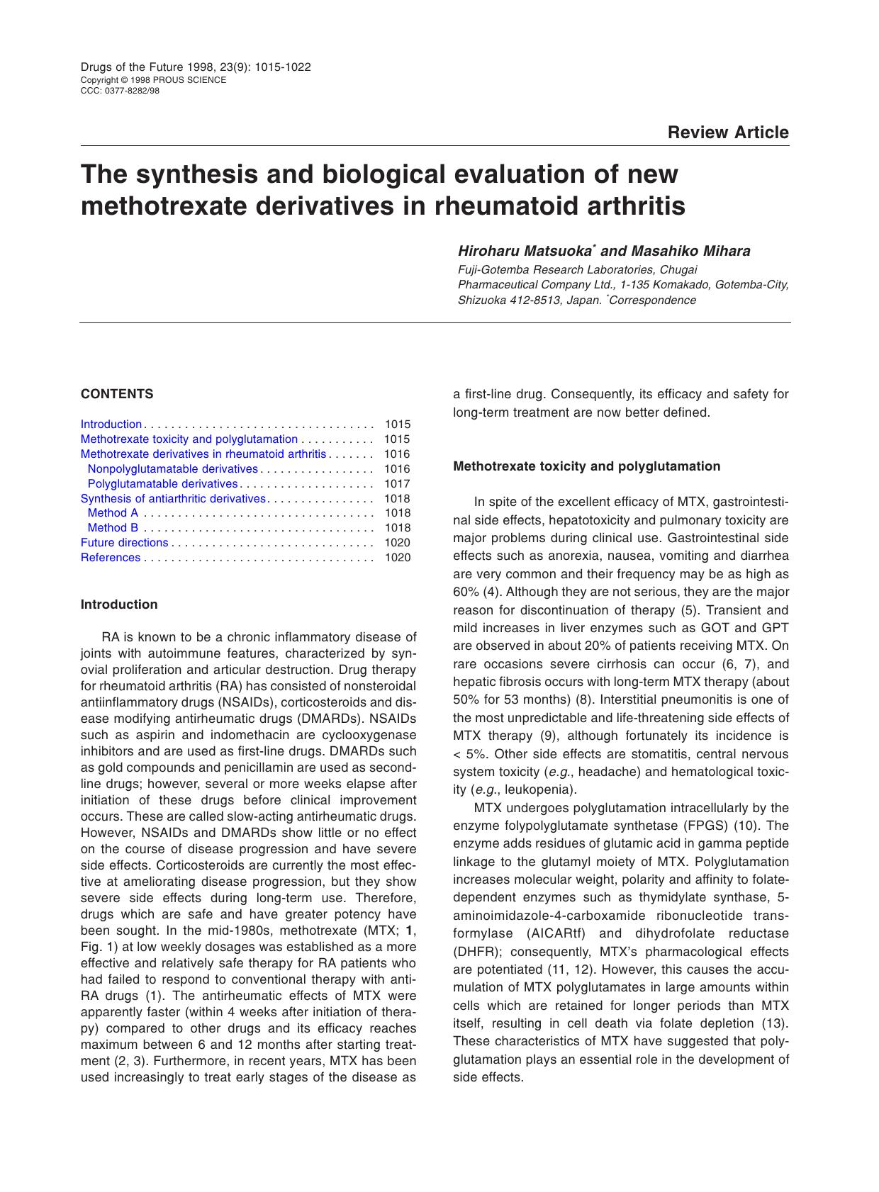 The synthesis and biological evaluation of new methotrexate derivatives in rheumatoid arthritis by Prous Science (c) 1998