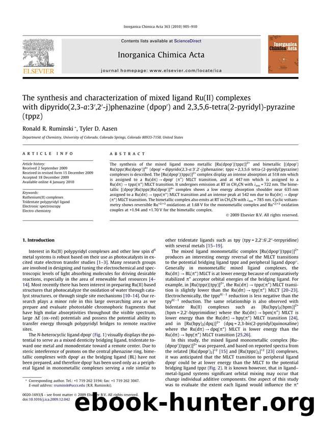 The synthesis and characterization of mixed ligand Ru(II) complexes with dipyrido(2,3-a:3â²,2â²-j)phenazine (dpopâ²) and 2,3,5,6-tetra(2-pyridyl)-pyrazine (tppz) by Ronald R. Ruminski; Tyler D. Aasen
