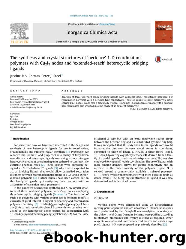 The synthesis and crystal structures of Ã¢â¬ËnecklaceÃ¢â¬â¢ 1-D coordination polymers with Cu2I2 nodes and Ã¢â¬Ëextended-reachÃ¢â¬â¢ heterocyclic bridging ligands by Justine R.A. Cottam & Peter J. Steel