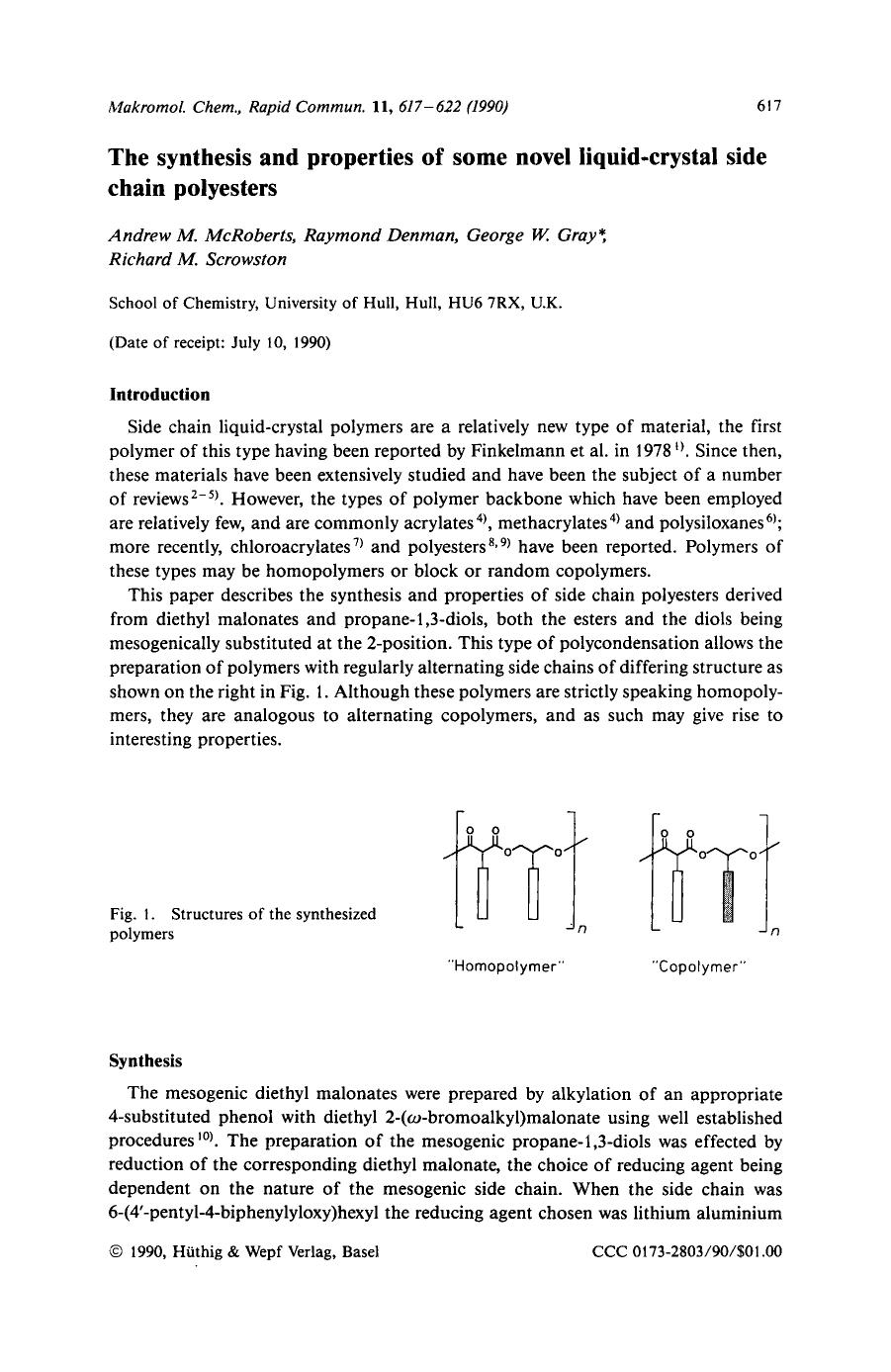 The synthesis and properties of some novel liquid-crystal side chain polyesters by Unknown