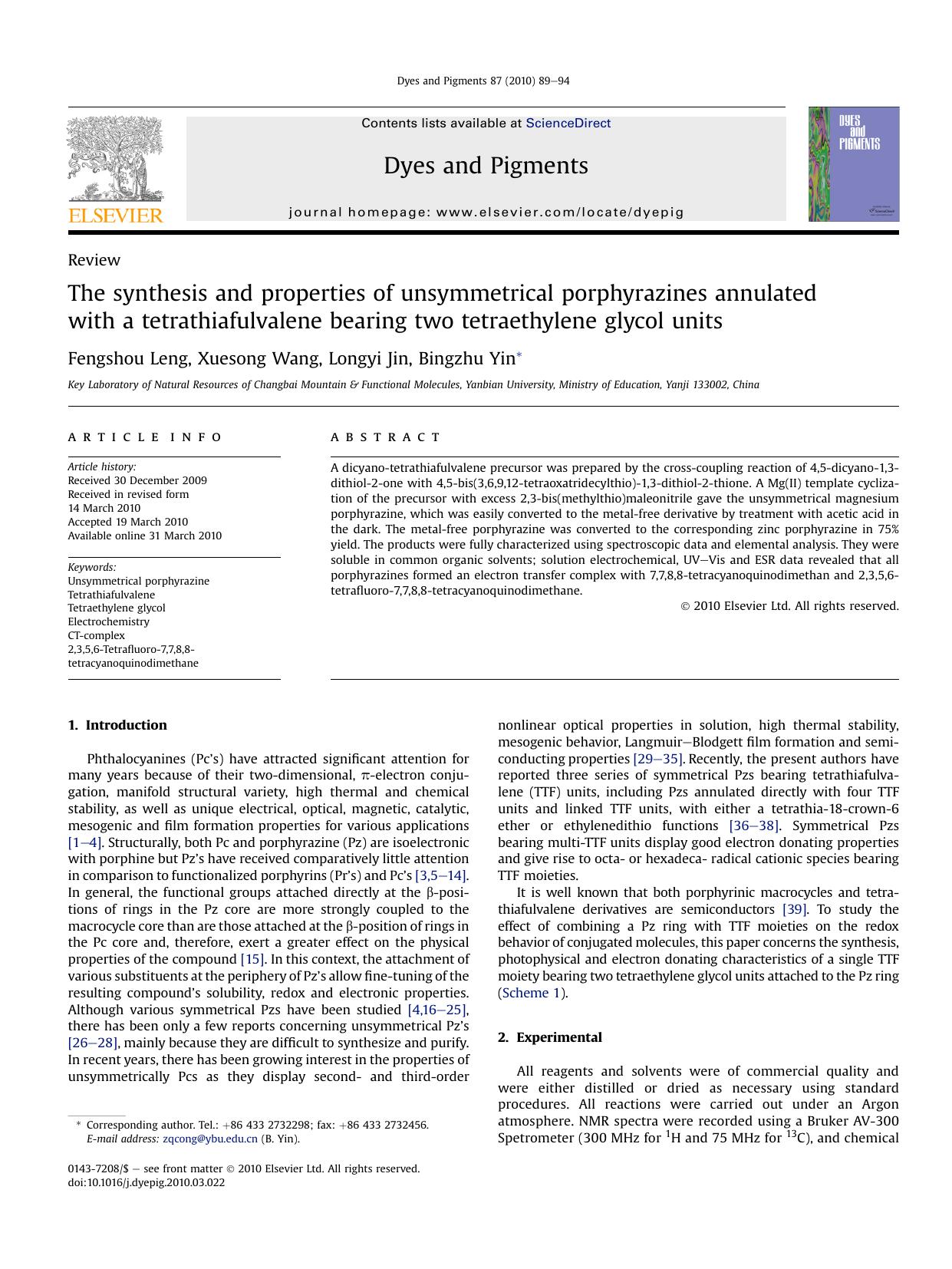 The synthesis and properties of unsymmetrical porphyrazines annulated with a tetrathiafulvalene bearing two tetraethylene glycol units by Fengshou Leng; Xuesong Wang; Longyi Jin; Bingzhu Yin
