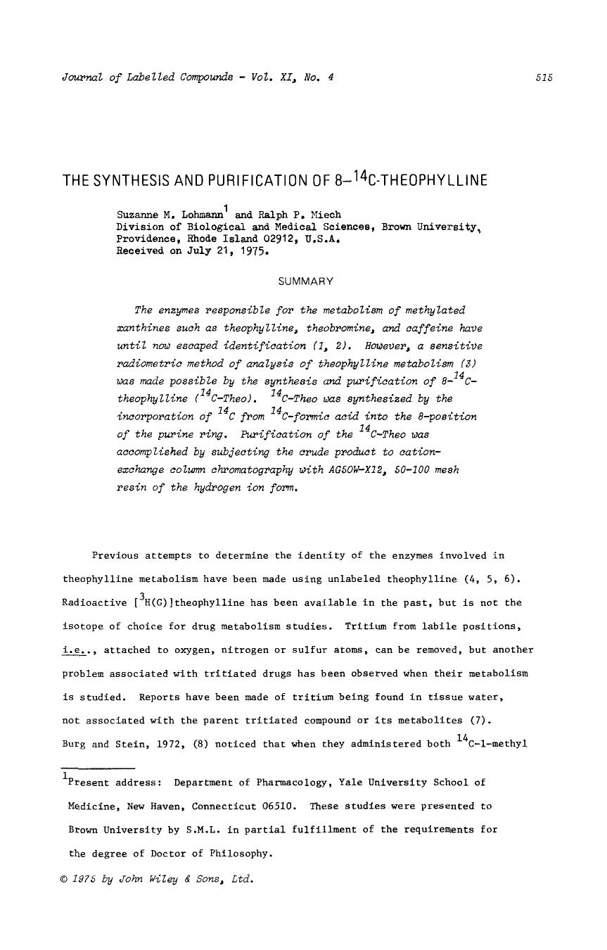 The synthesis and purification of 8-14C-theophylline by Unknown