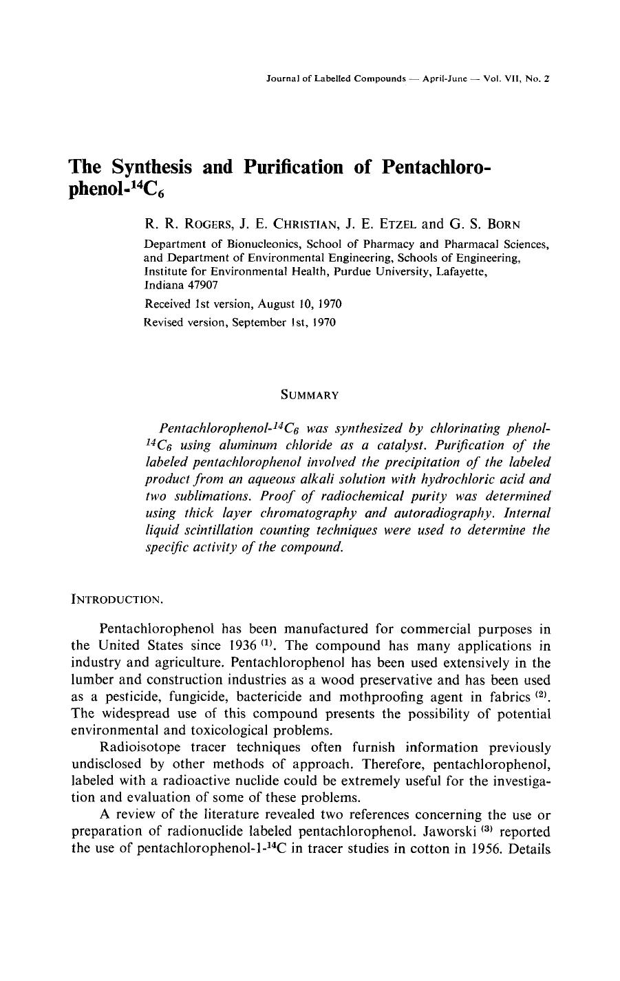 The synthesis and purification of pentachloro-phenol[minus]14C6 by Unknown
