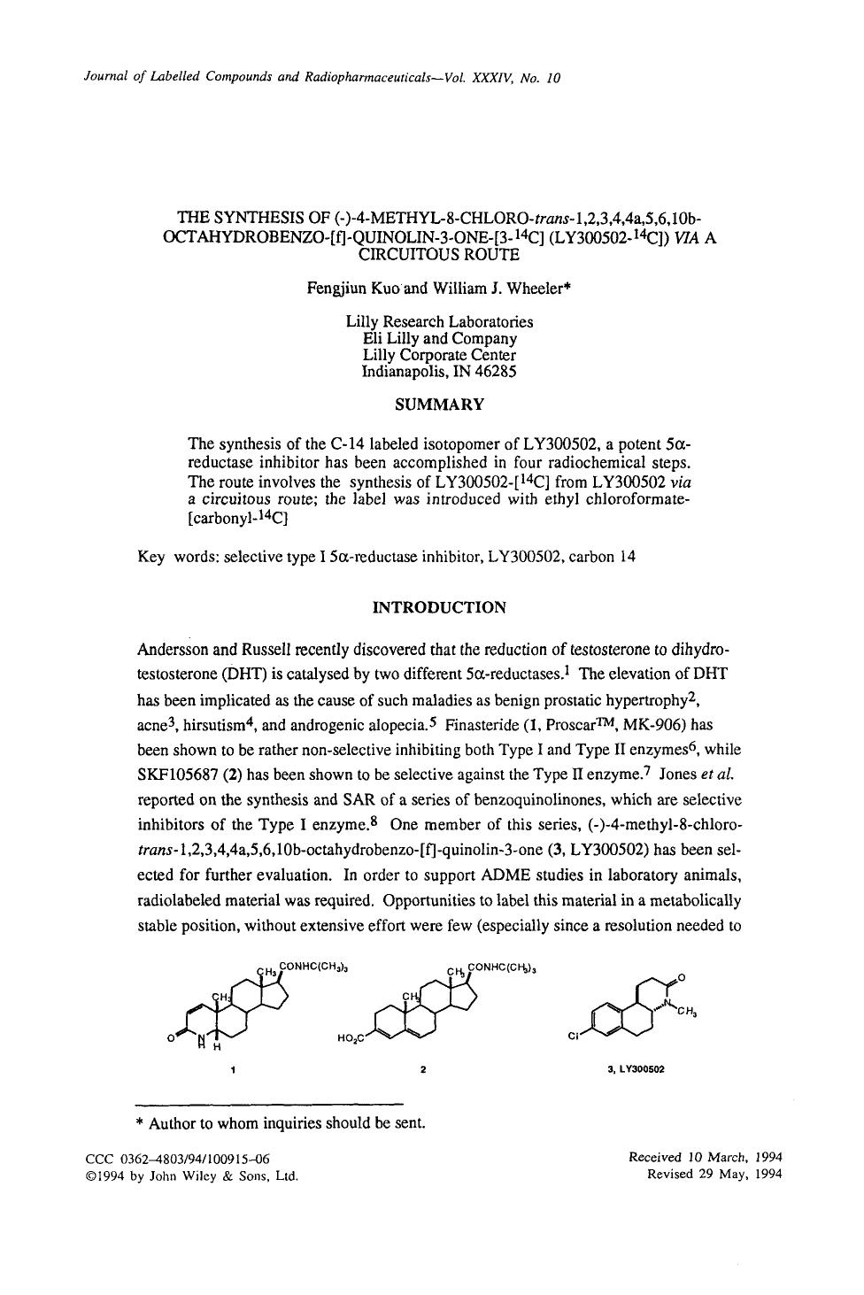 The synthesis of ([minus])-4-methyl-8-chloro-trans-1,2,3,4,4a,5,6,10b-octahydrobenzo-[f]-quinolin-3-one-[3-14C] (LY300502-14C]) via a circuitous route by Unknown