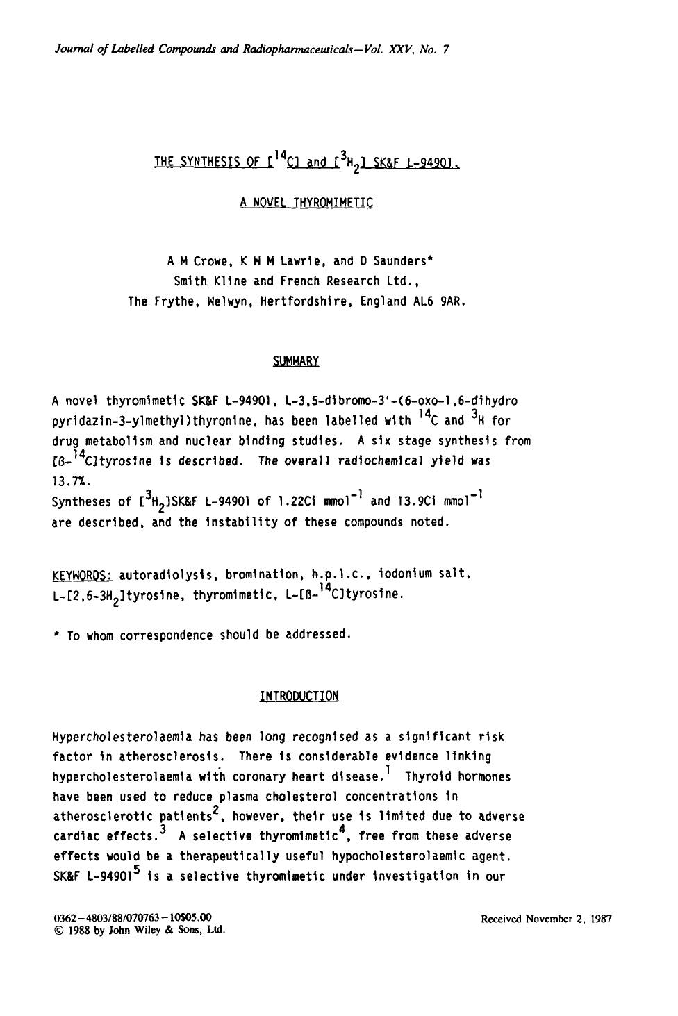 The synthesis of [14C] and [3H2] SK&F l-94901. A novel thyromimetic by Unknown