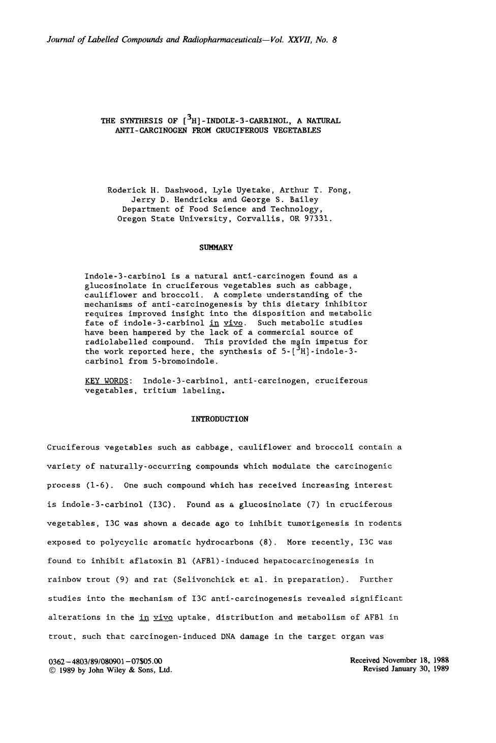 The synthesis of [3H] - indole-3-carbinol, a natural anti-carcinogen from cruciferous vegetables by Unknown