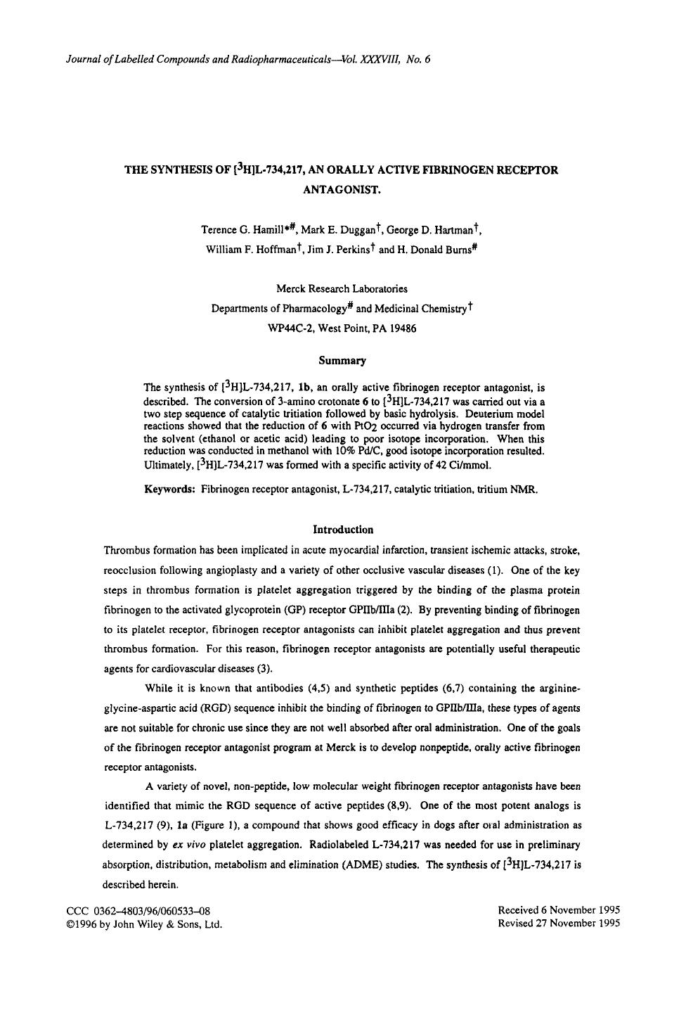 The synthesis of [3H]L-734,217, an orally active fibrinogen receptor antagonist by Unknown