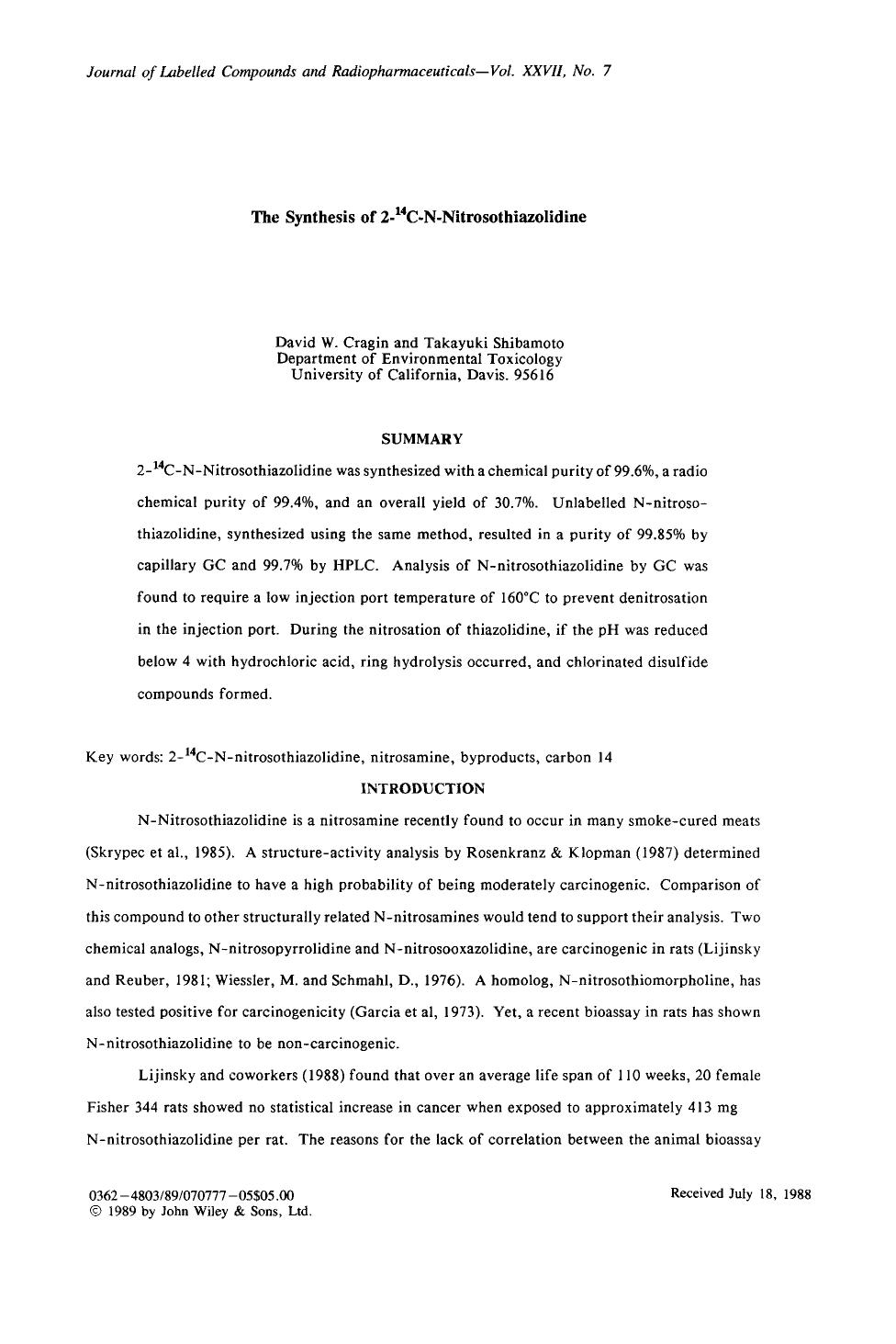 The synthesis of 2-14C-N-nitrosothiazolidine by Unknown