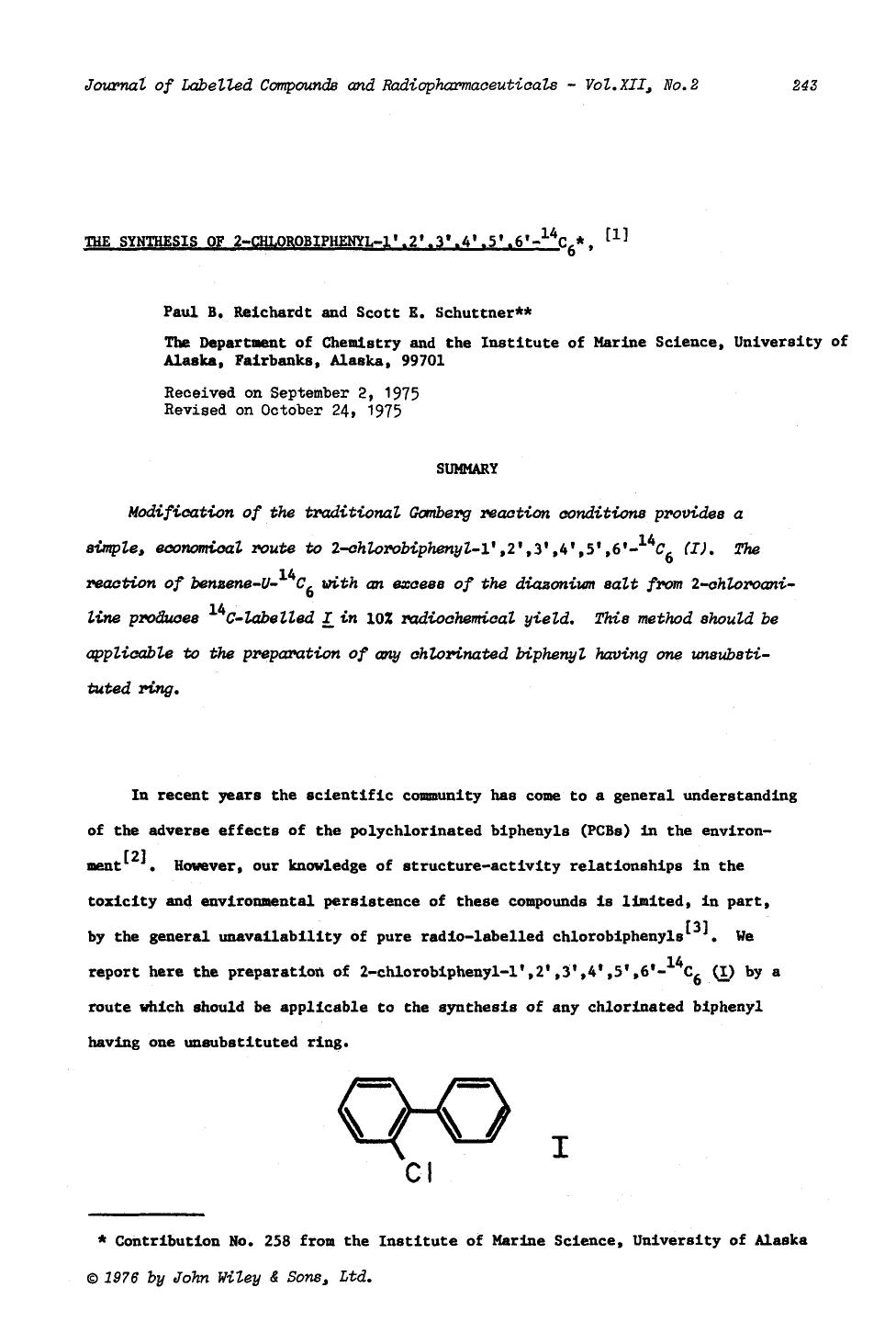 The synthesis of 2-chlorobiphenyl-1[prime],2[prime],3[prime],4[prime],5[prime],6[prime]-14c6, [1] by Unknown