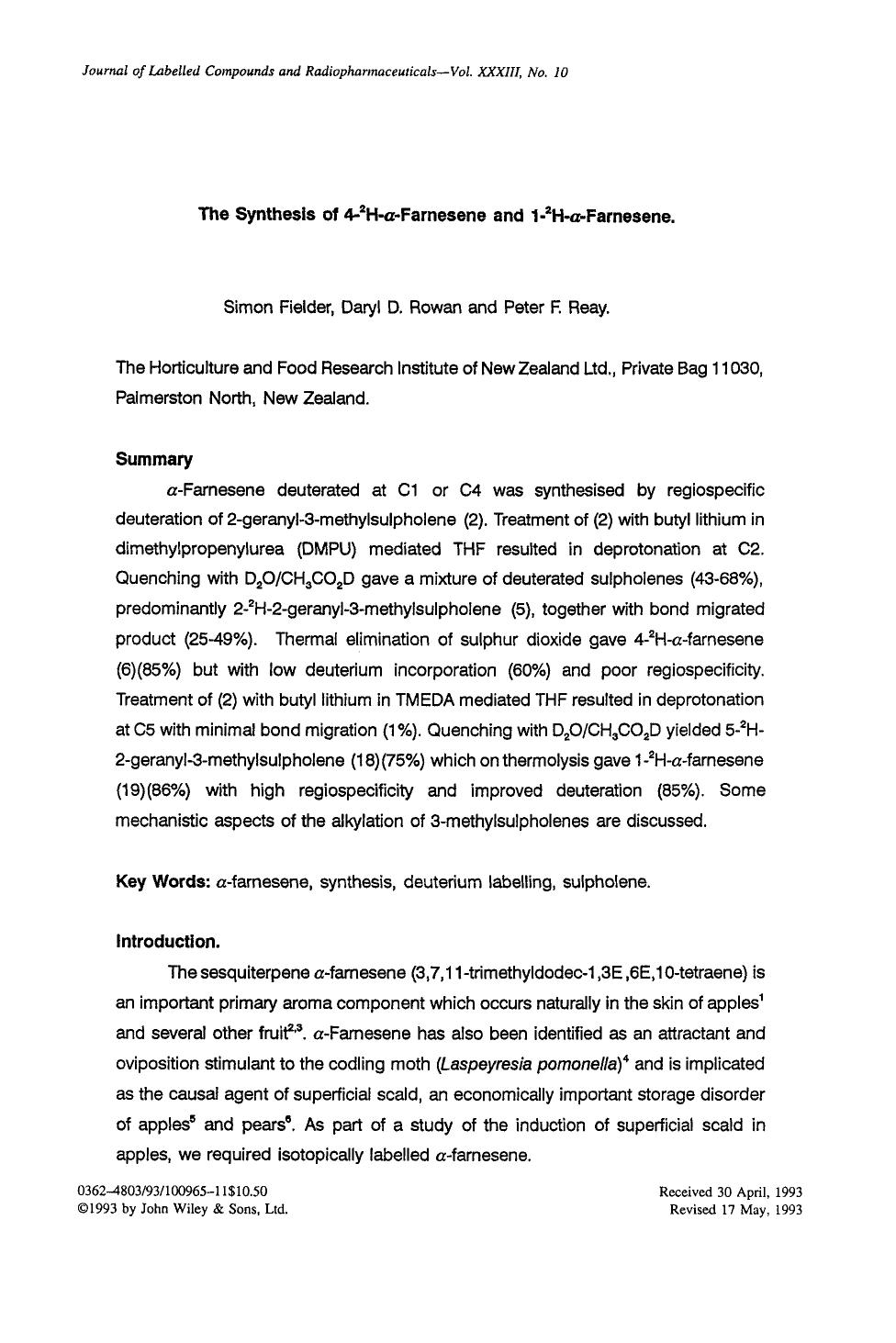 The synthesis of 4-2H-[alpha]-farnesene and 1-2H-[alpha]-farnesene by Unknown