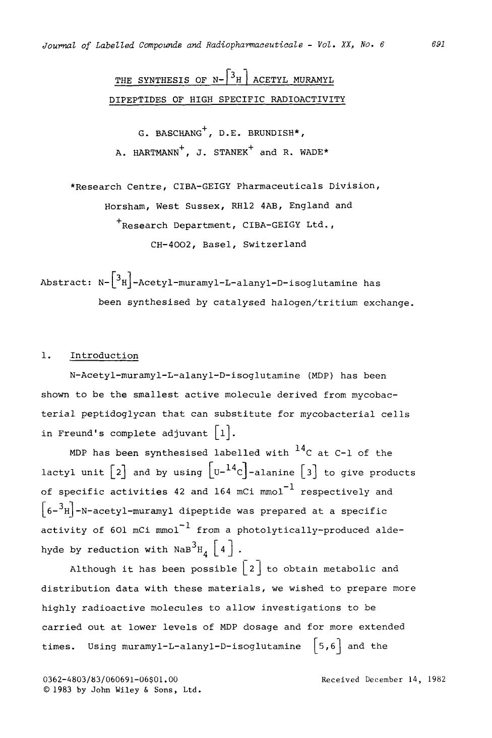 The synthesis of N-[3H] acetyl muramyl dipeptides of high specific radioactivity by Unknown