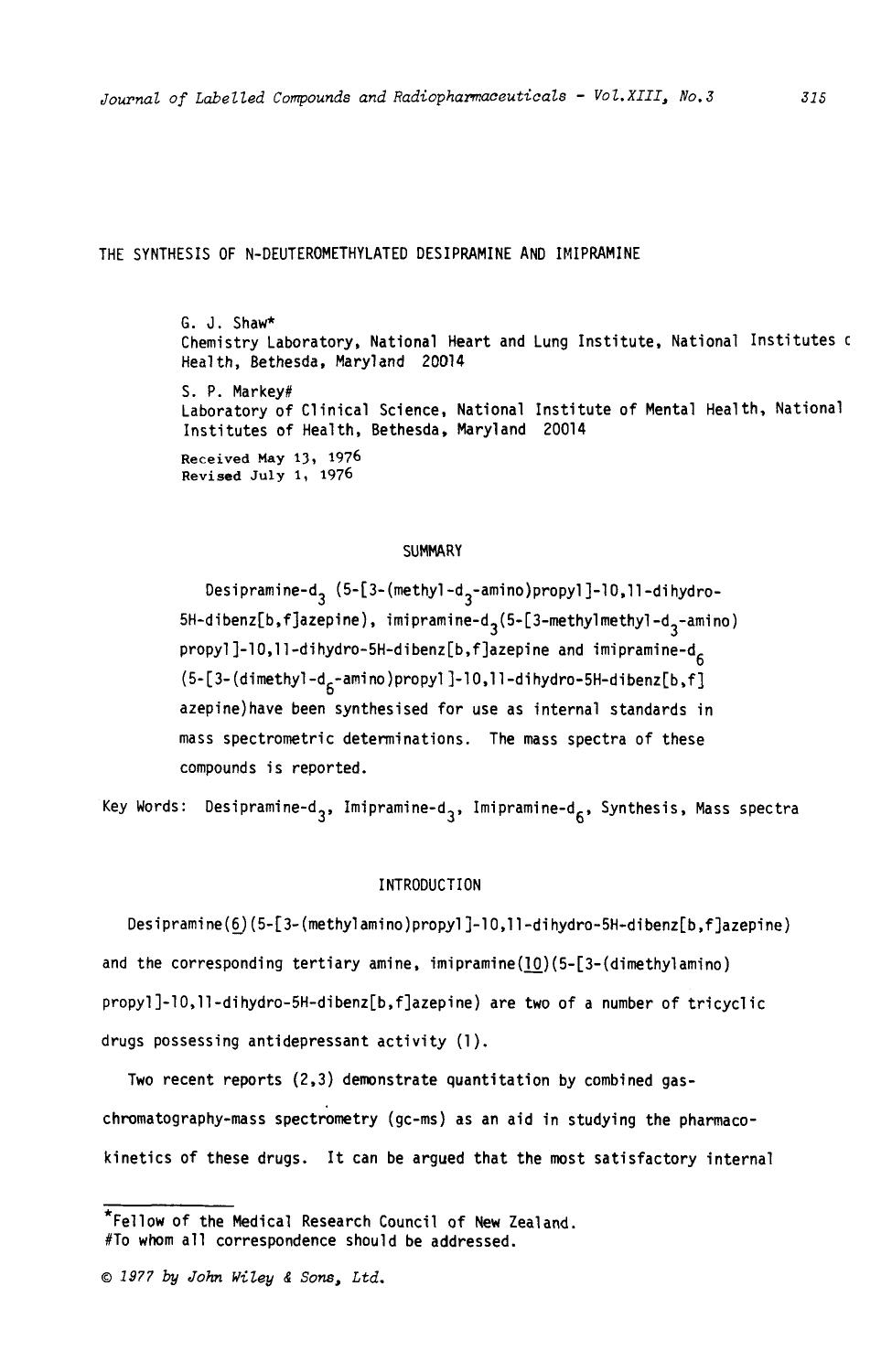 The synthesis of N-deuteromethylated desipramine and imipramine by Unknown