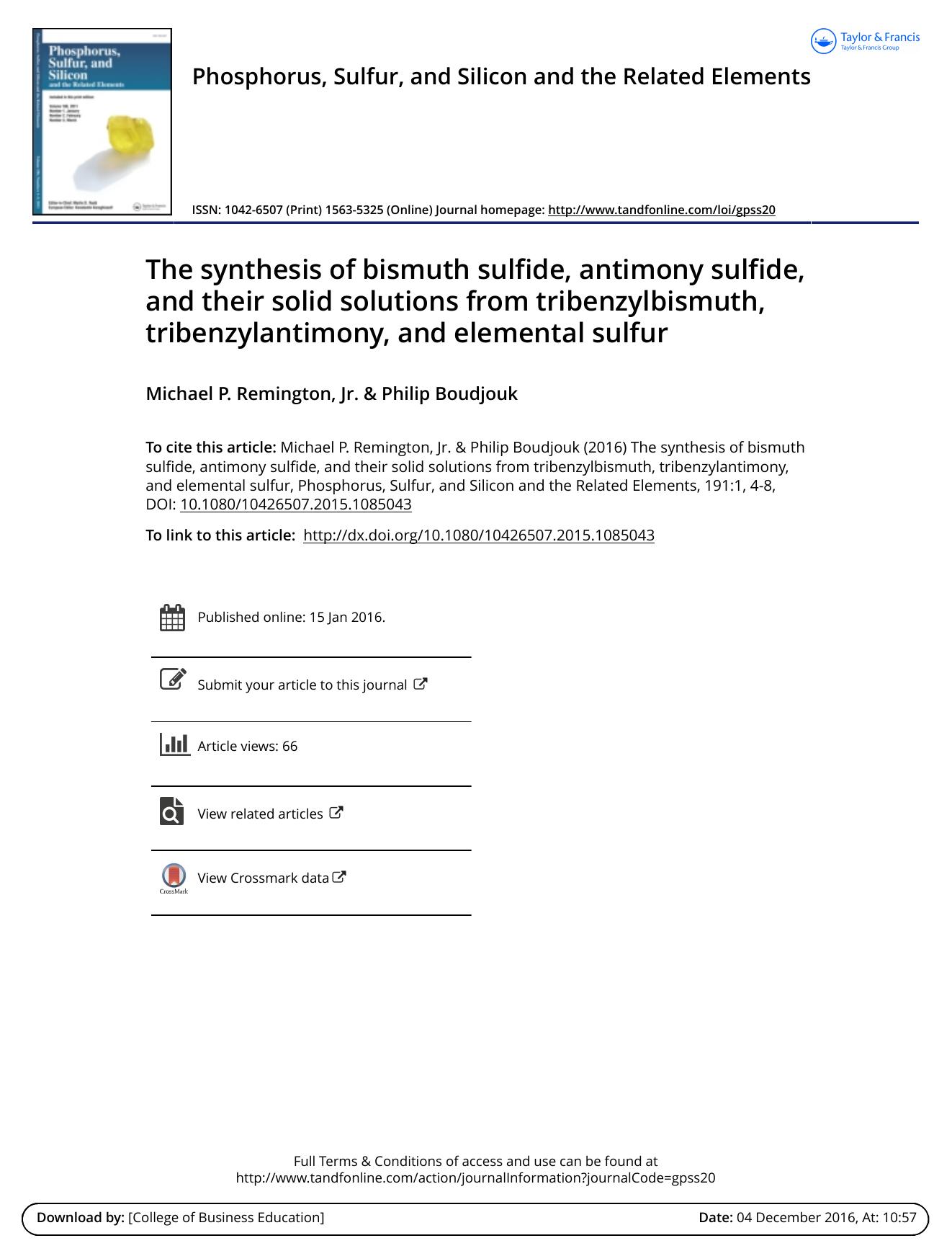 The synthesis of bismuth sulfide, antimony sulfide, and their solid solutions from tribenzylbismuth, tribenzylantimony, and elemental sulfur by Michael P. Remington & Jr. & Philip Boudjouk