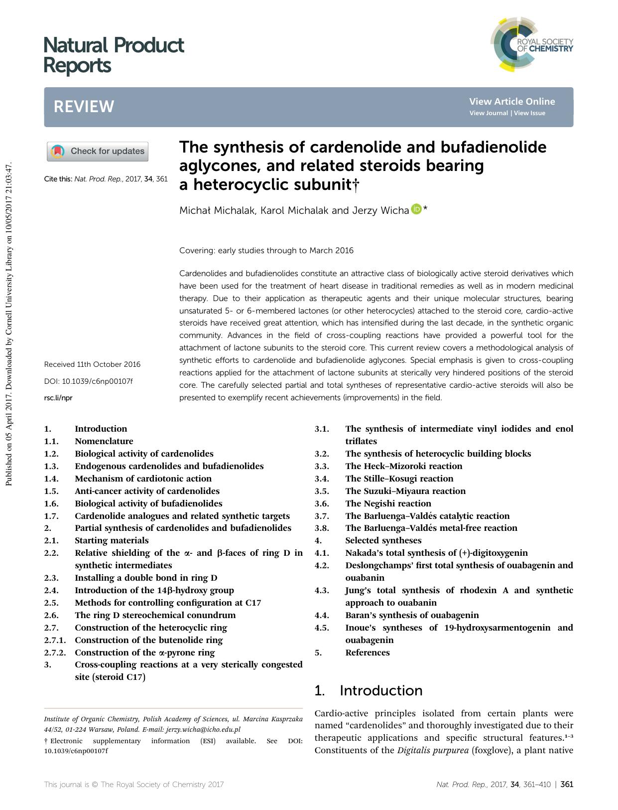 The synthesis of cardenolide and bufadienolide aglycones, and related steroids bearing a heterocyclic subunit by Michał Michalak & Karol Michalak & Jerzy Wicha
